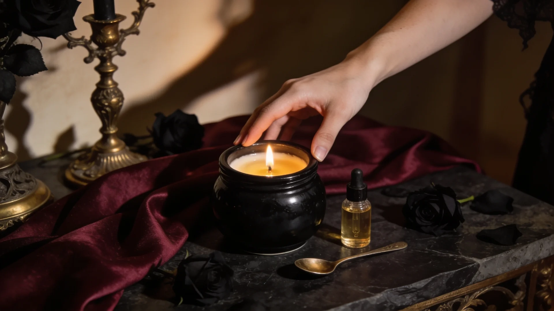 hand reaching toward lit black jar candle on dark marble with oil bottle, spoon, black roses and burgundy satin fabric