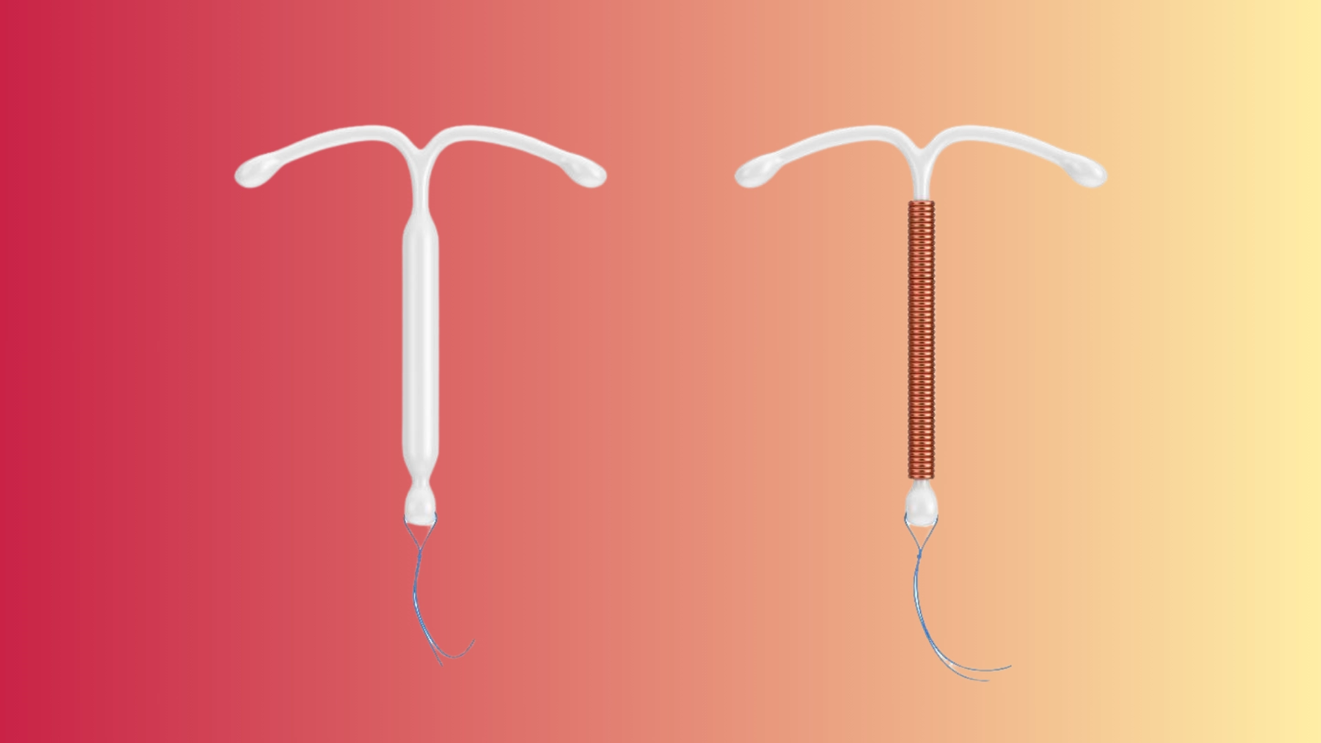 Two intrauterine devices (IUDs), one plastic and one copper, on a gradient background from red to yellow.