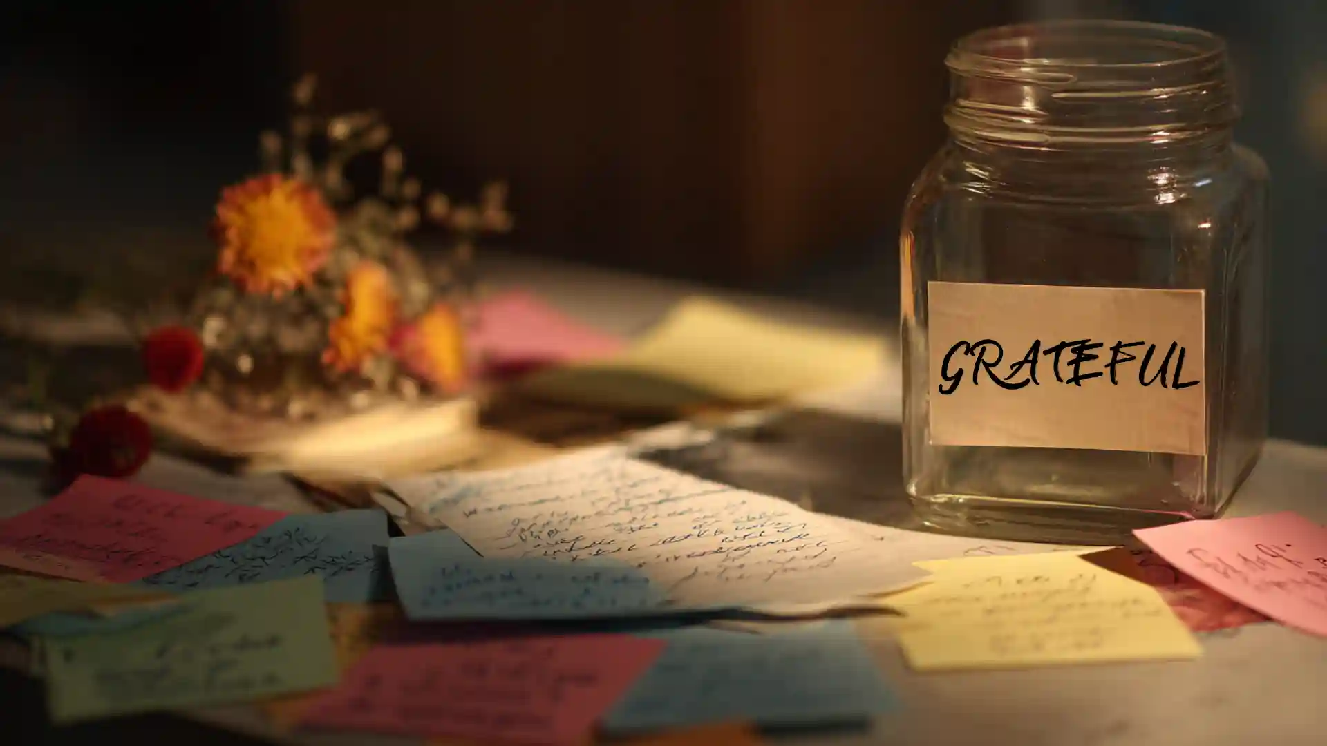 A glass jar labeled "GRATEFUL" sits on a surface surrounded by scattered handwritten notes and dried flowers.