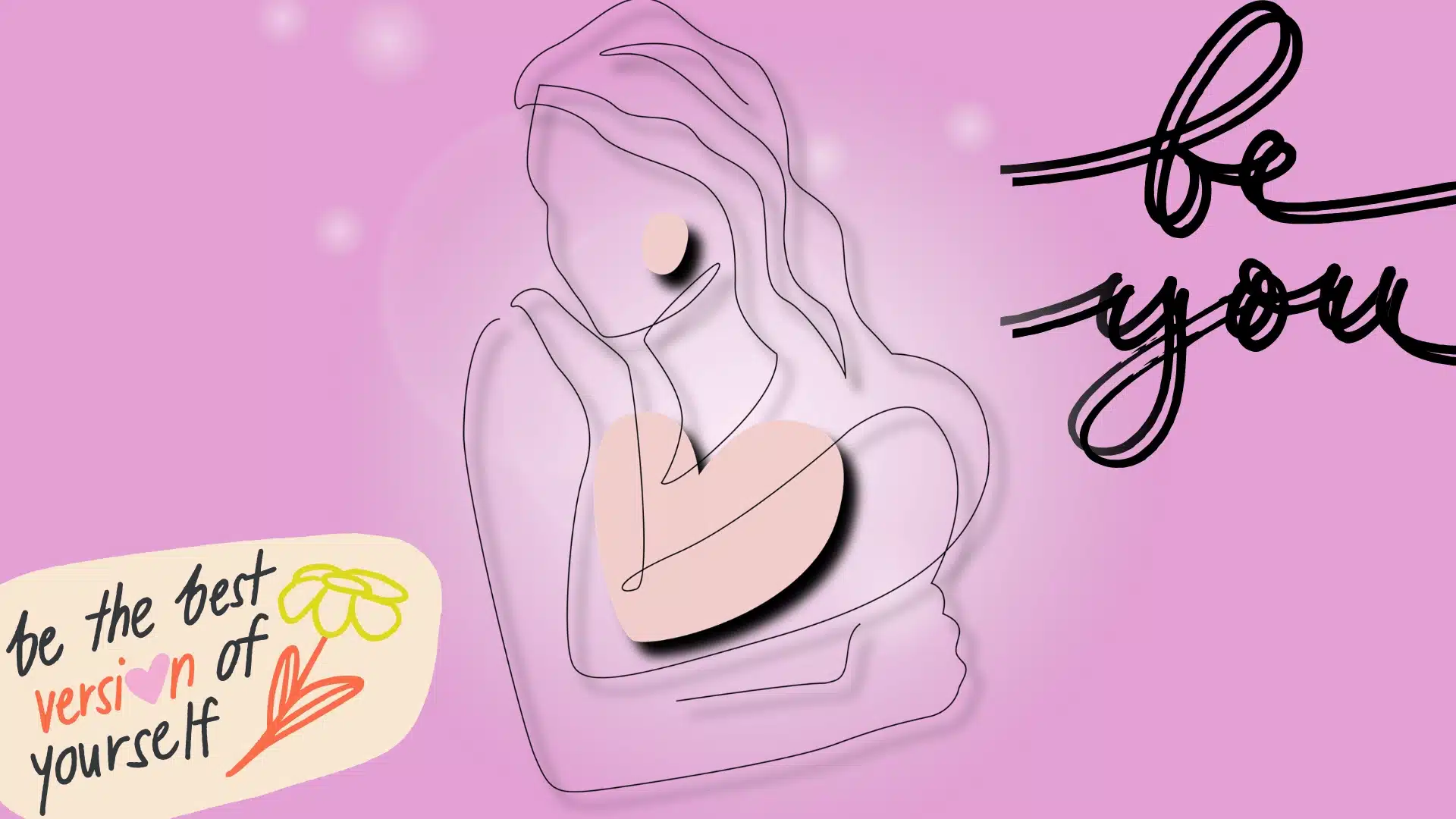 Line art of a woman hugging a heart on pink background showing to love yourself.