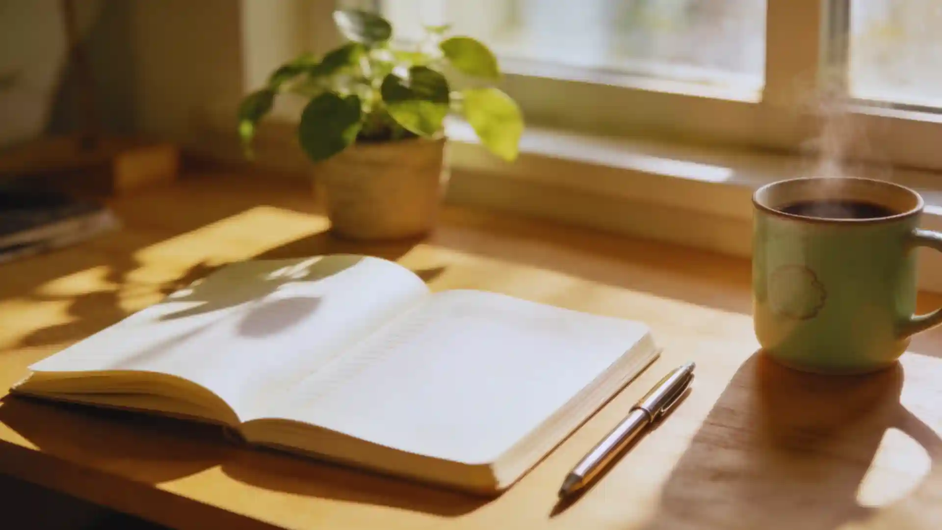 Open gratitude journal and steaming coffee cup on a wooden desk with a plant and window light.
