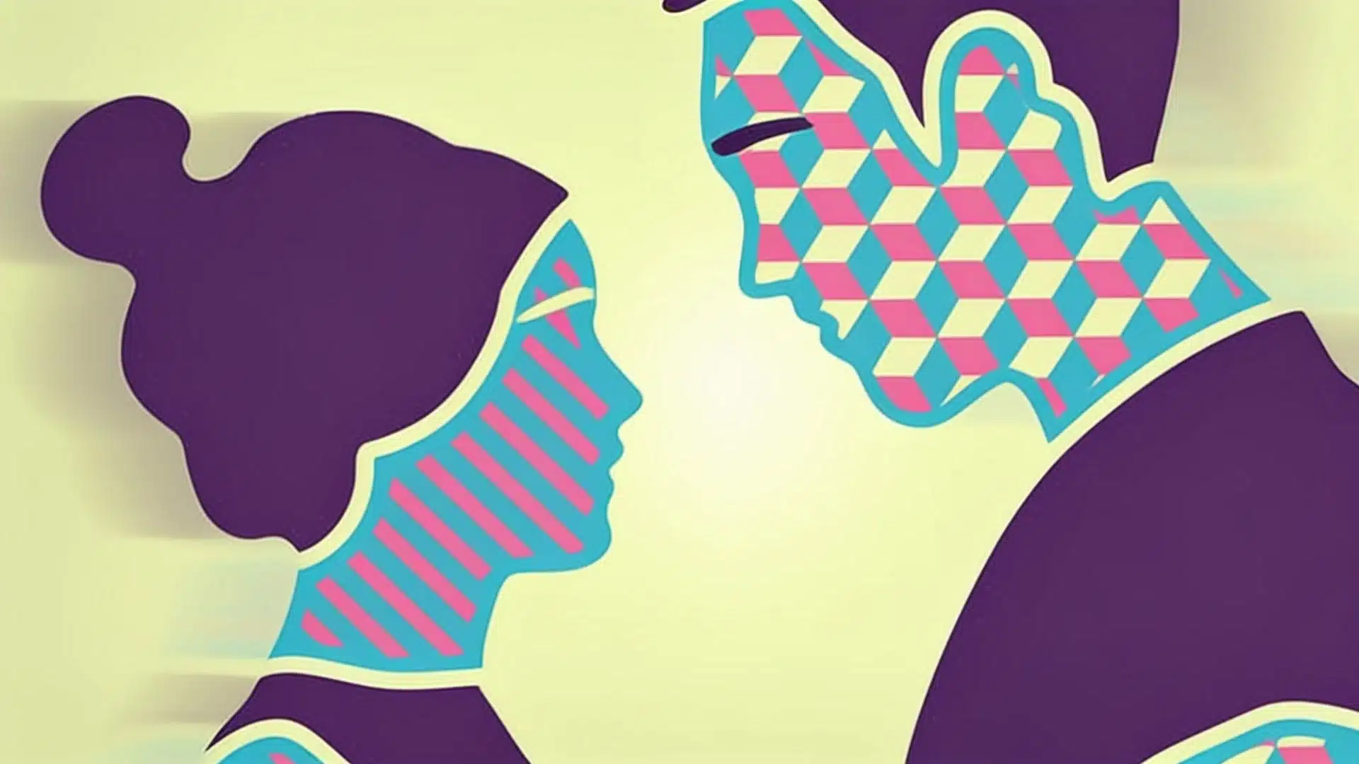 illustration of two patterned faces looking at each other, suggesting fears of relationship, intimacy, and communication