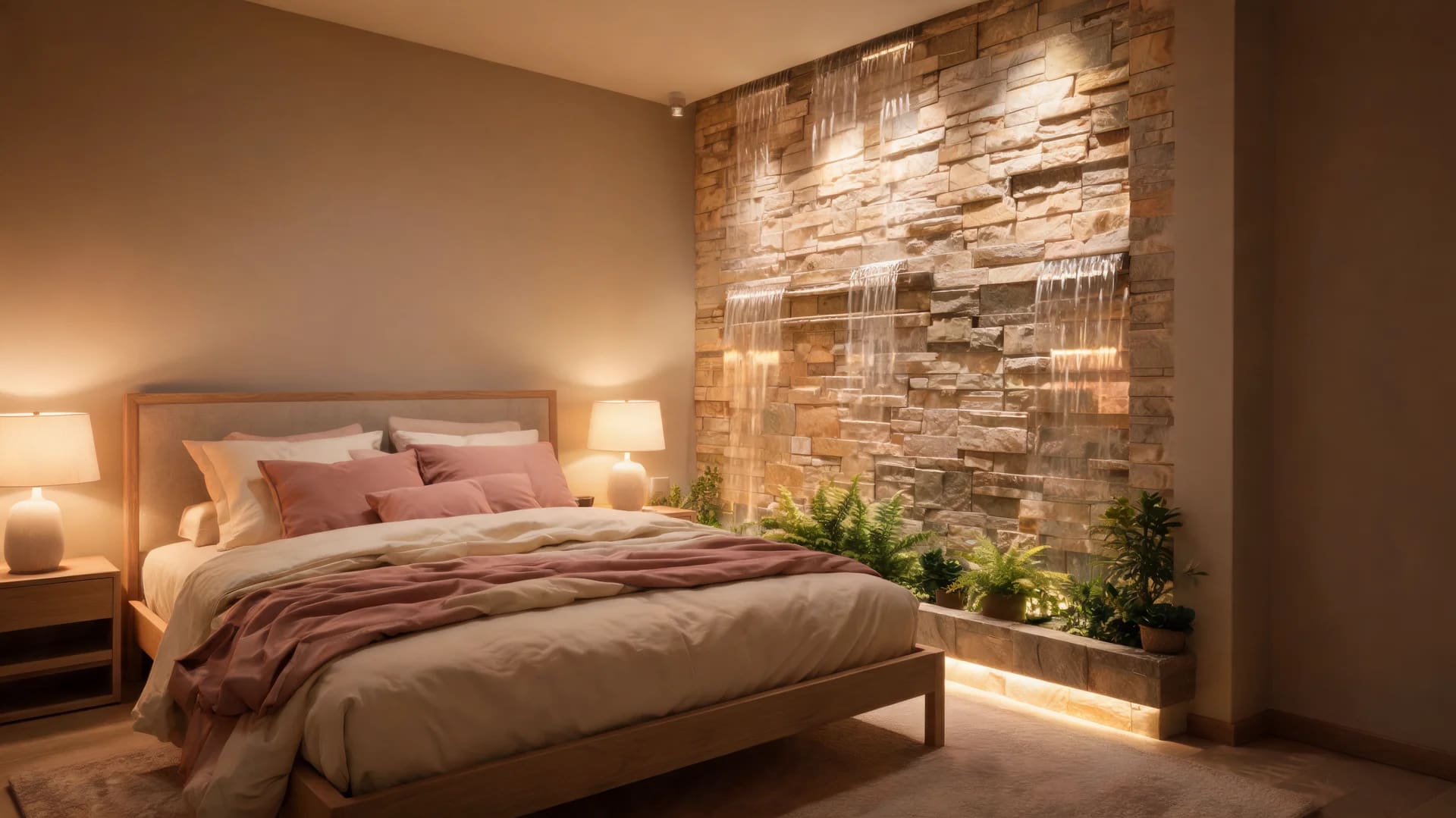 indoor water feature wall bedroom romantic soft flowing water warm calming interior design scene
