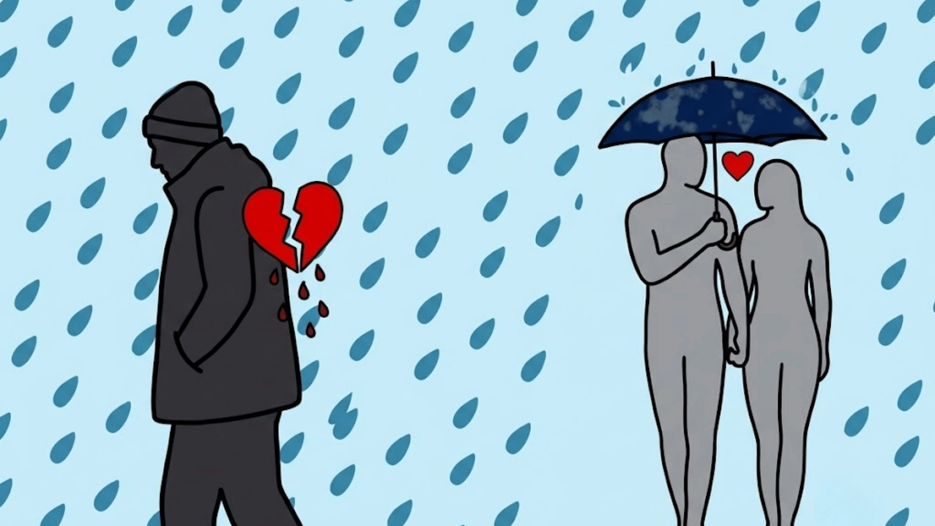 Illustration of a broken-hearted man in rain next to a happy couple under an umbrella