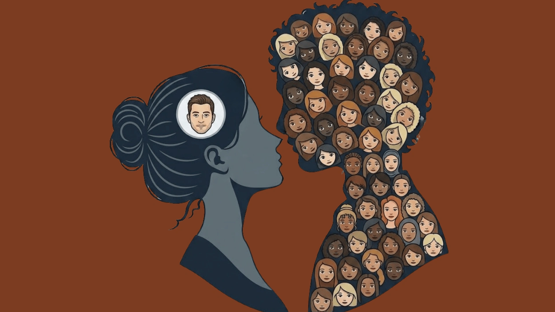 Silhouettes of a loyal woman and a man filled with multiple thoughts of other women