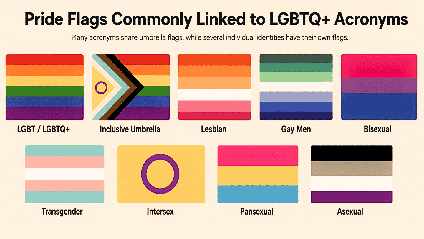 lgbtqqip2saa full acronym collage showing umbrella rainbow progress and identity pride flags guide