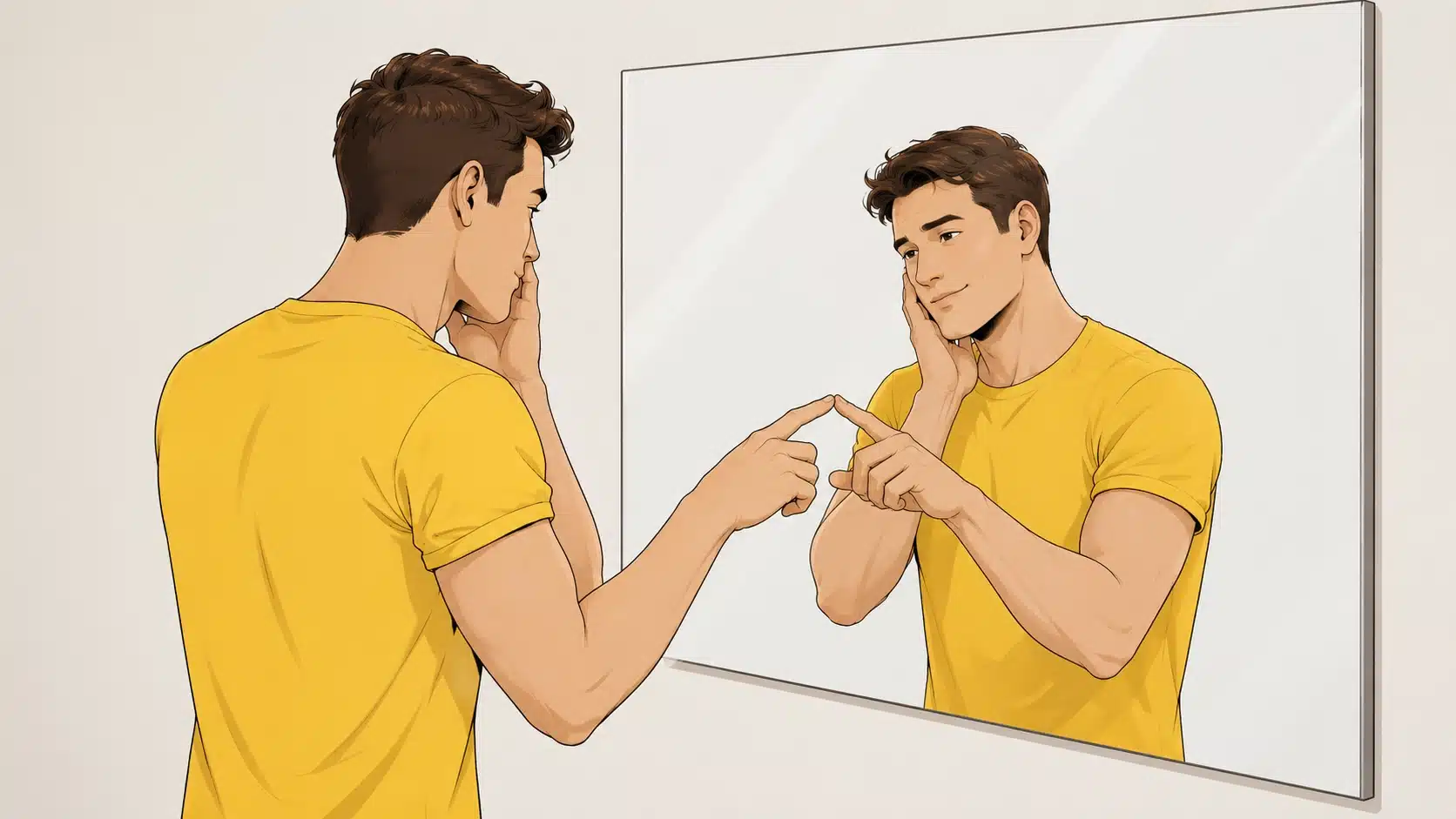 man in yellow shirt touches his face while looking at his matching reflection in a clean mirror illustration