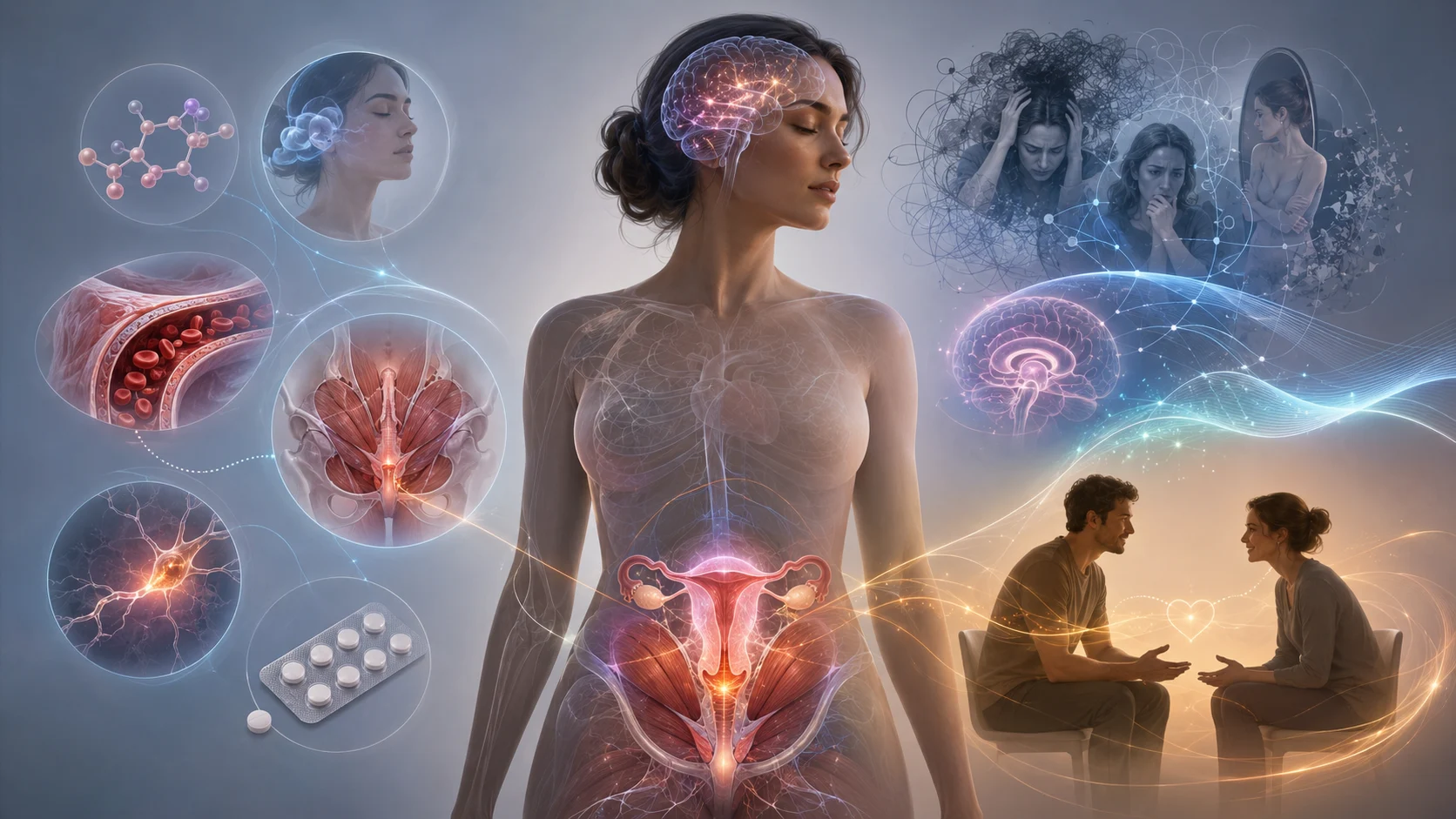 medical illustration showing body, mind, hormones, brain activity, and relationship communication affecting female orgasm