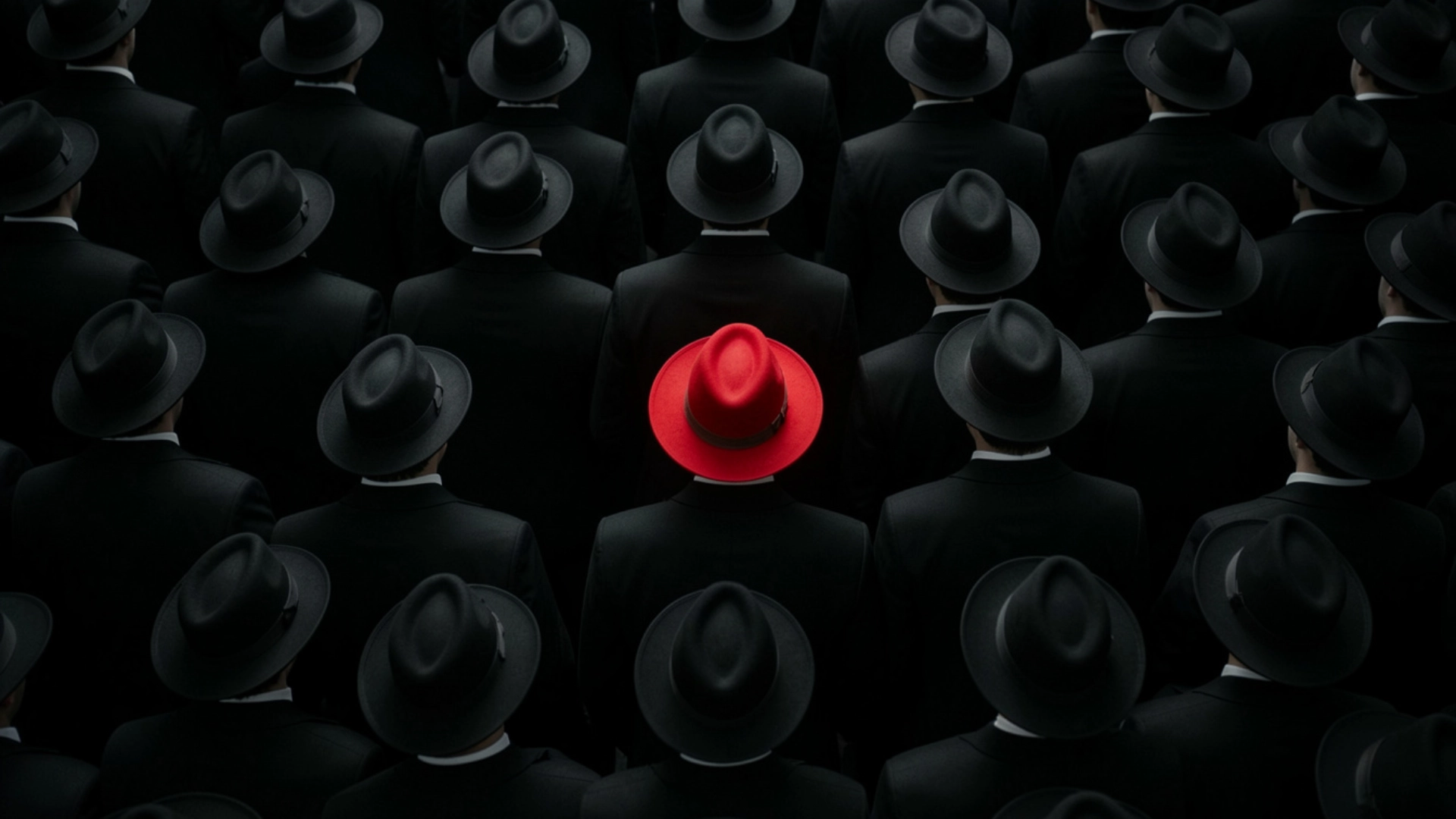 A man in a black suit and red hat stands prominently among a crowd of people.