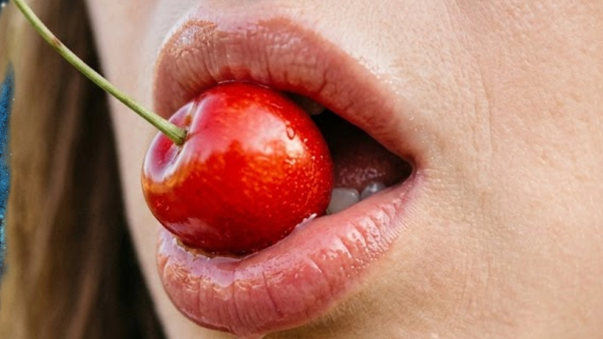 Close-up of glossy lips holding a ripe red cherry, symbolizing oral nipple stimulation, sensual touch, and intimate pleasure.