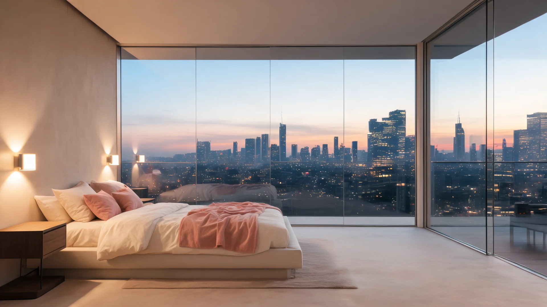 open city view suite wall bedroom romantic dusk skyline warm glass interior design scene
