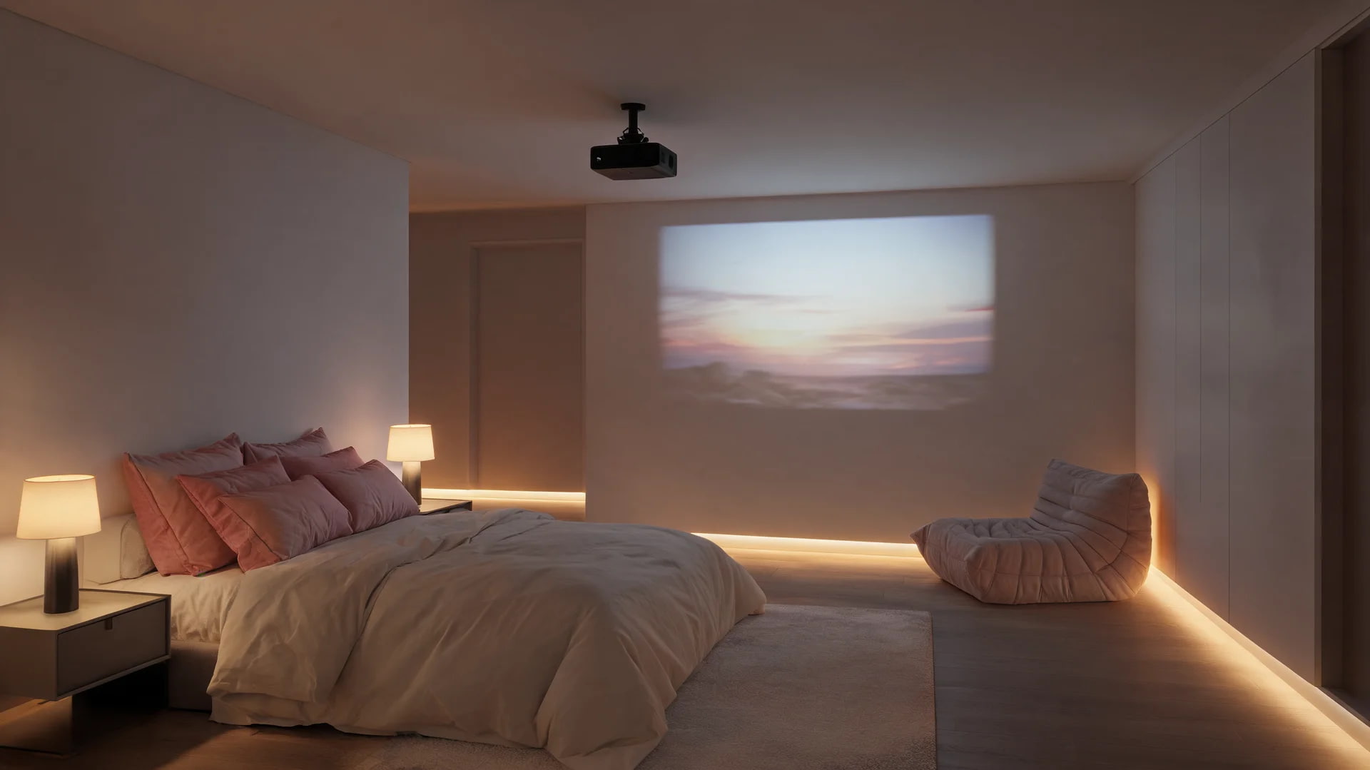 projector wall bedroom romantic ceiling mounted projector warm cinematic interior design scene
