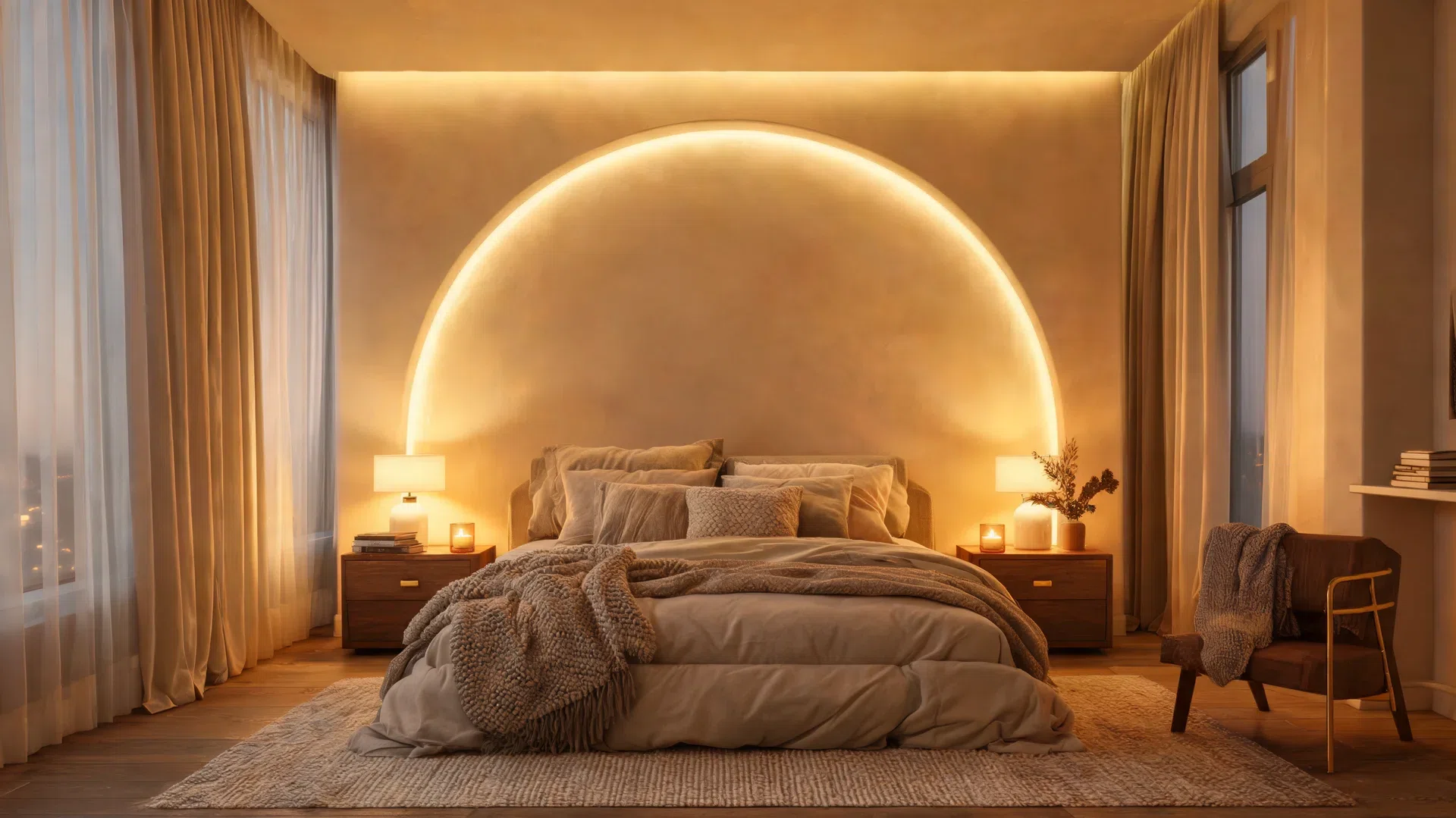 romantic bedroom accent wall with a lit arch frame, warm halo lighting, and a cozy sheltered look