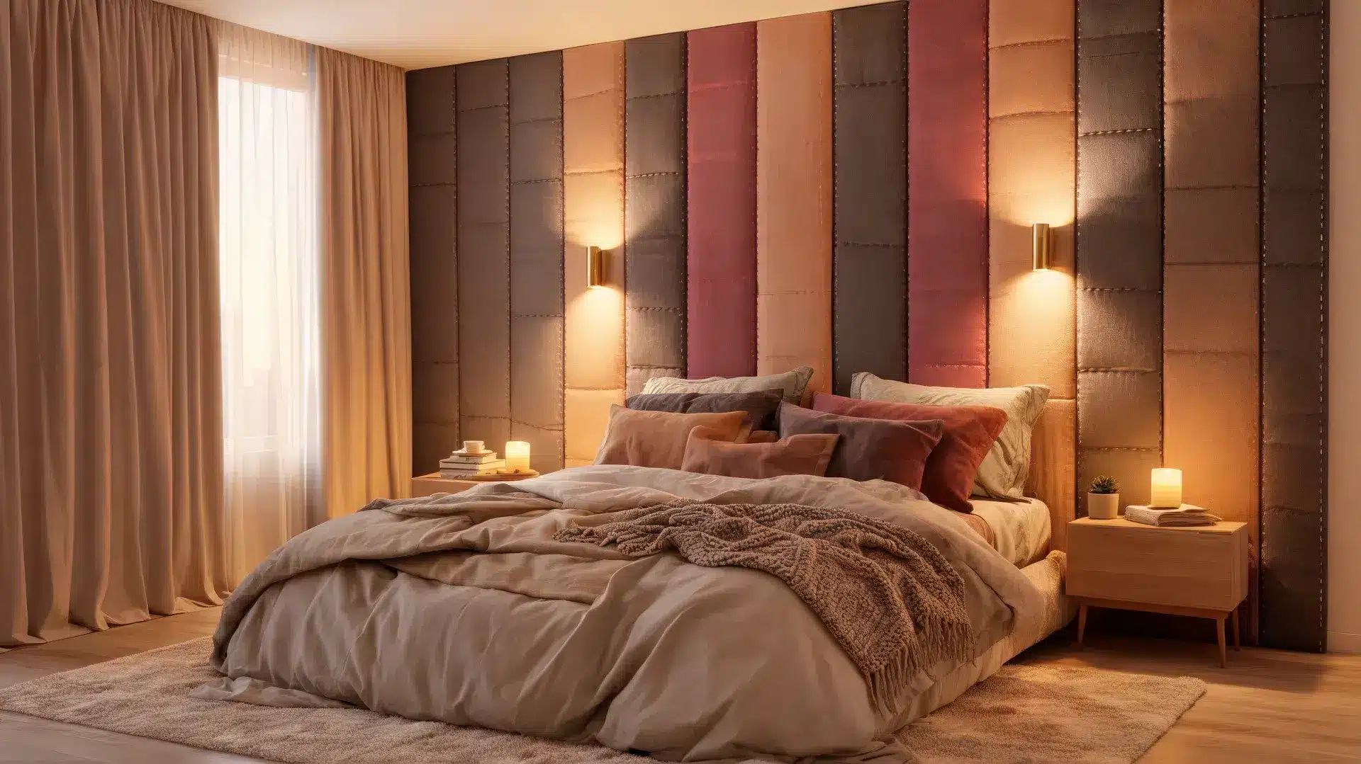 romantic bedroom accent wall with layered textile panels, warm sconces, and a cozy collected feel