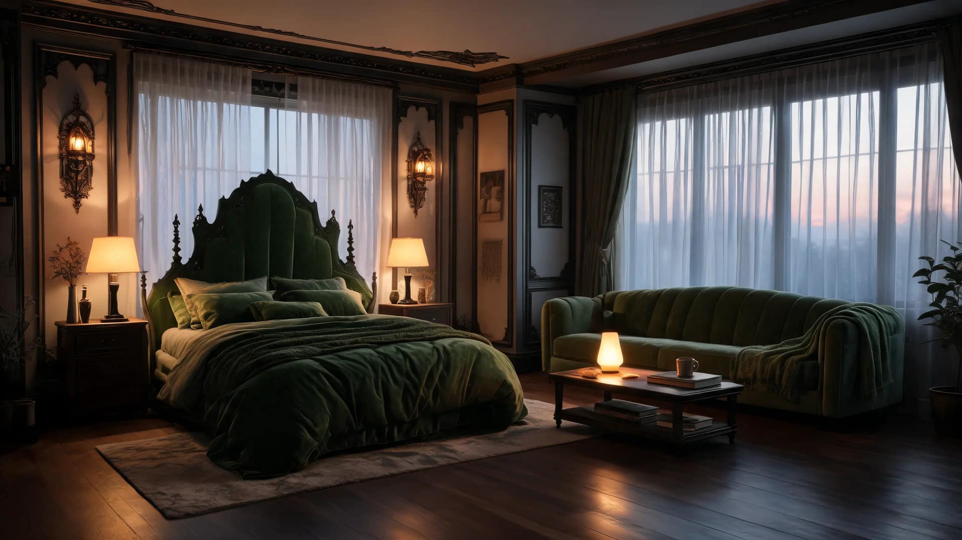 romantic gothic bedroom after midnight lounge with dual zones warm light and cozy seating area