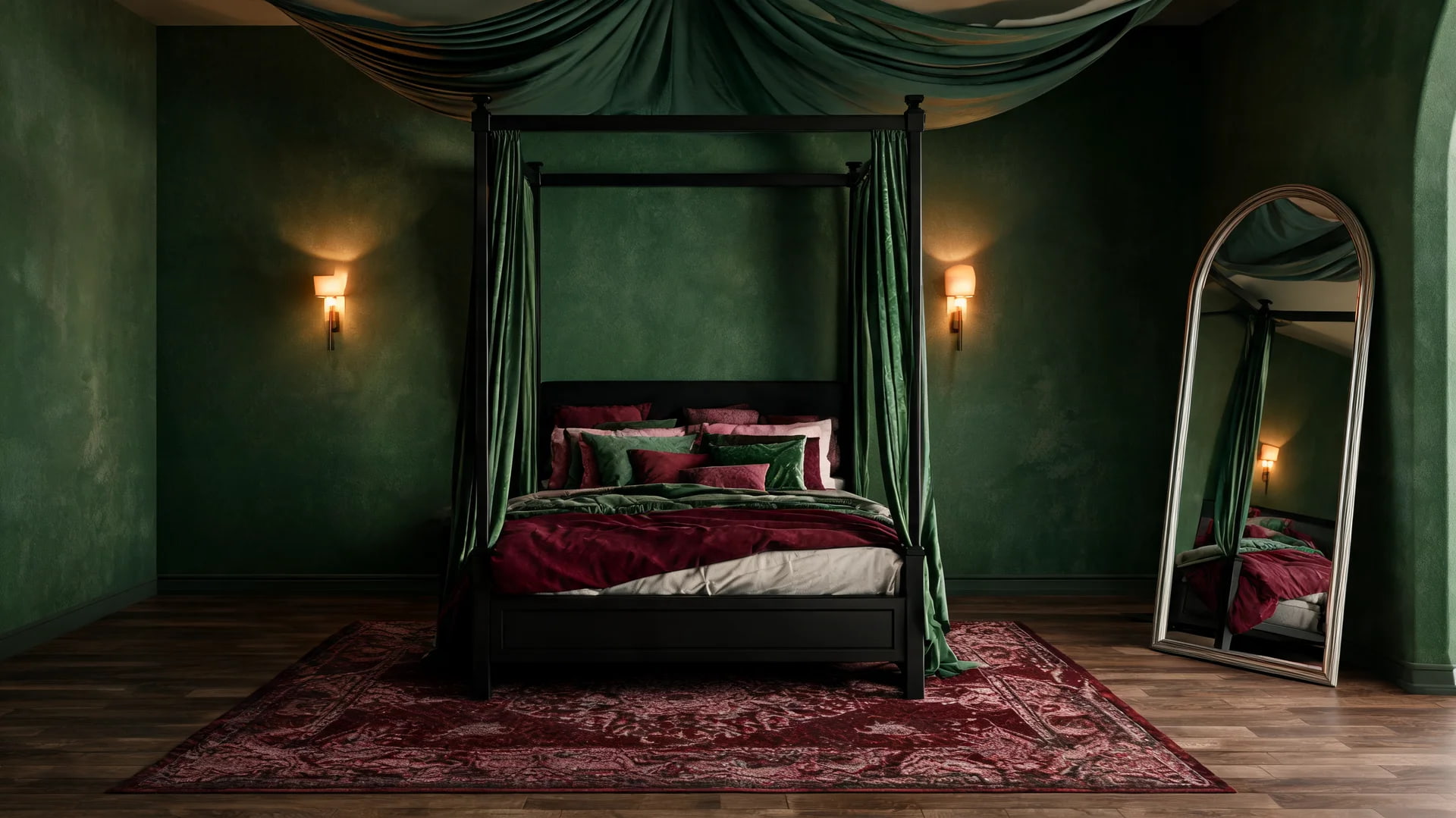 romantic gothic bedroom canopy cave with velvet bed forest green tones warm cinematic lighting mood