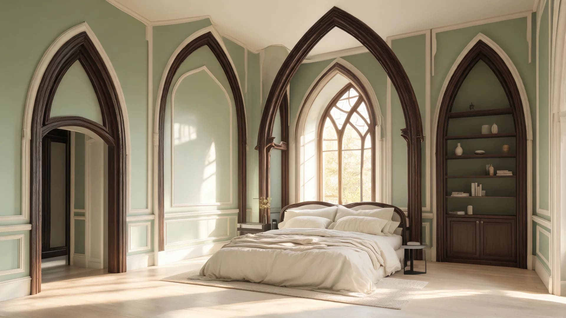 romantic gothic bedroom gothic arch studio room with soft morning light and modern interior design