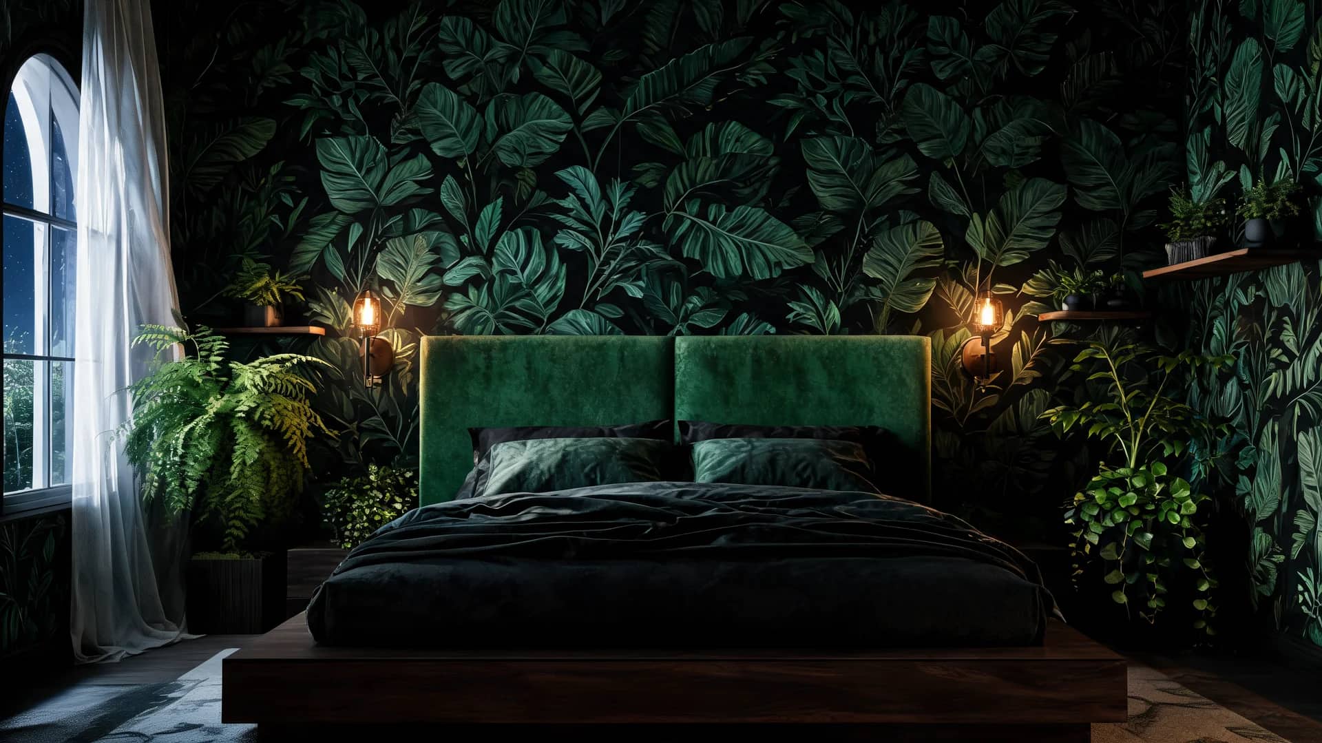 romantic gothic bedroom greenhouse after dark with dark botanical walls and soft natural lighting mood