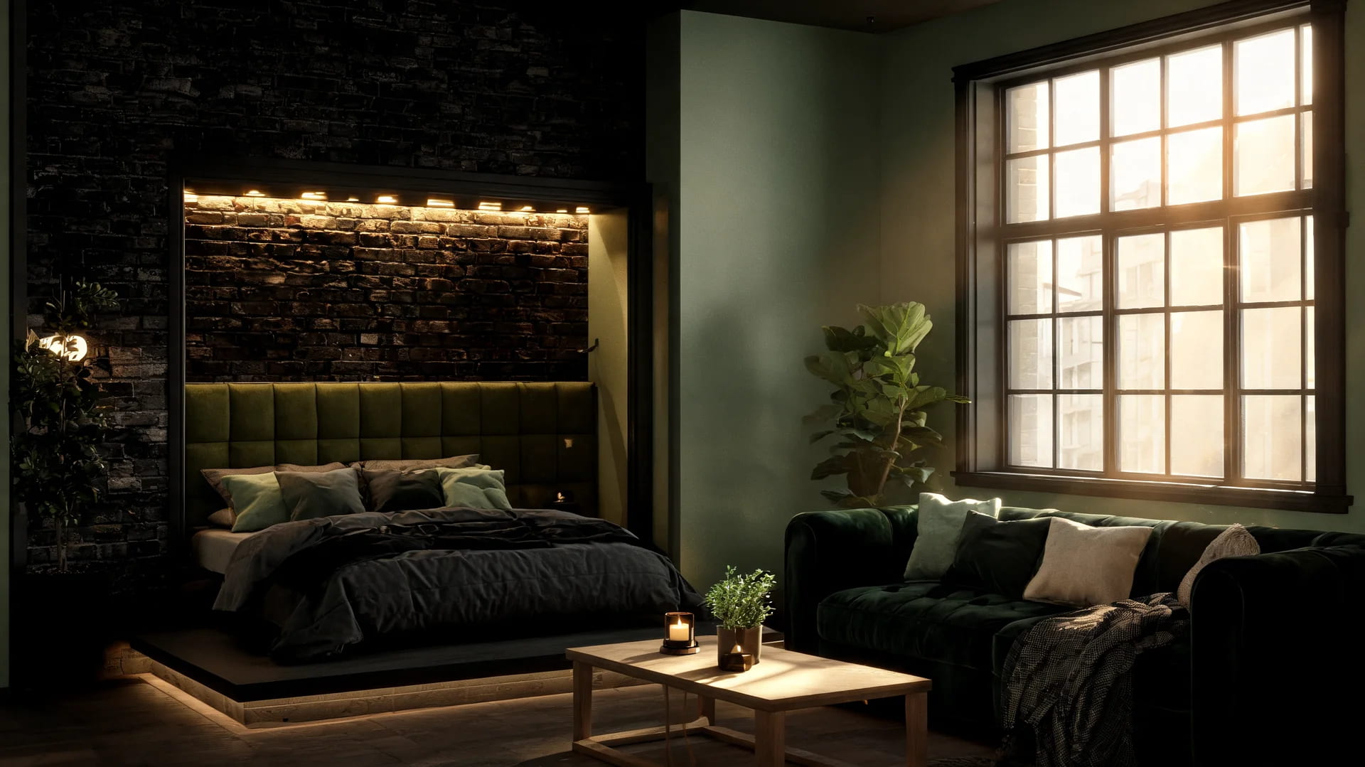 romantic gothic bedroom loft den with brick walls soft light and cozy modern living layout