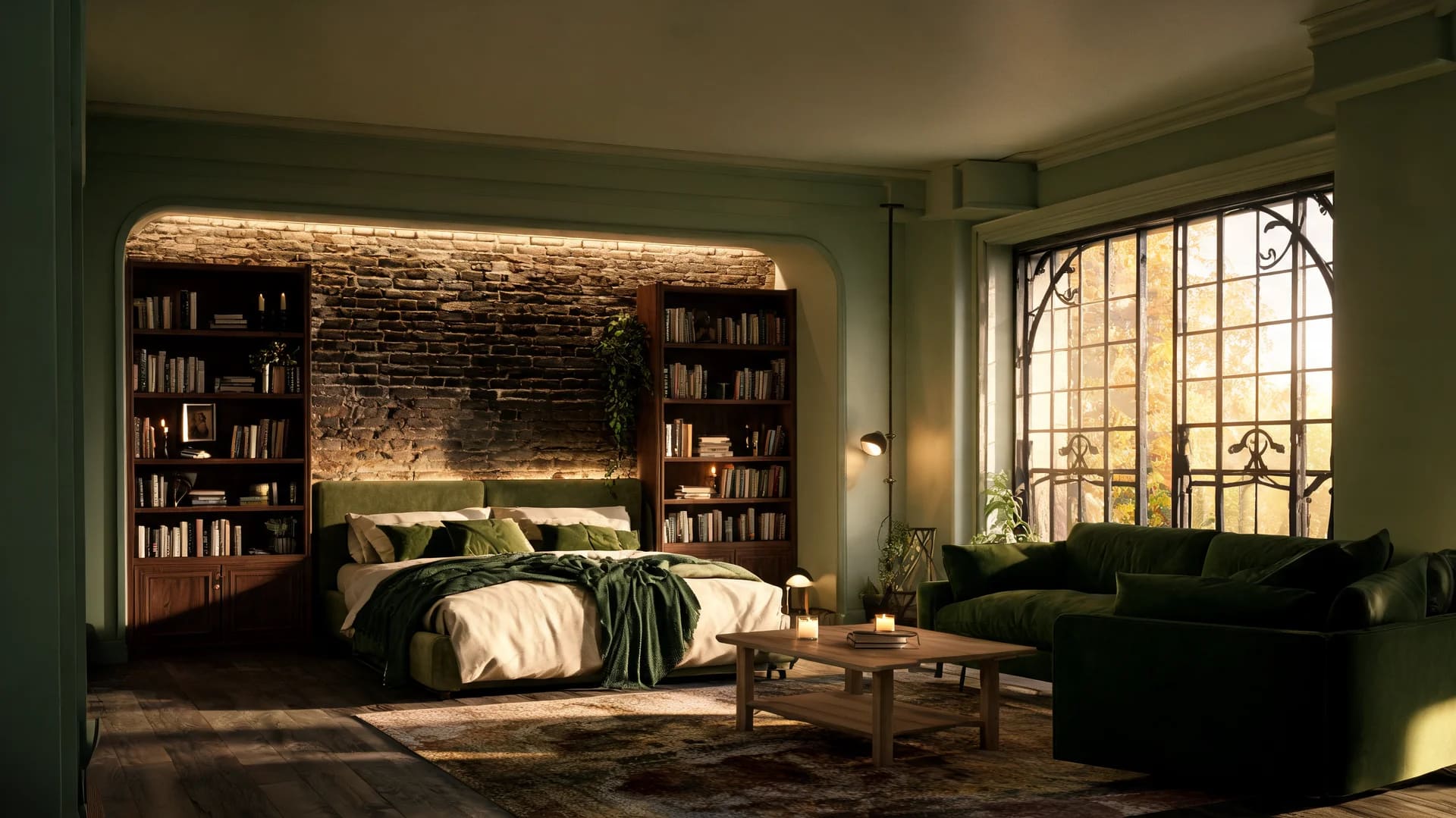 romantic gothic bedroom midnight library with warm shelves soft evening light and cozy reading mood