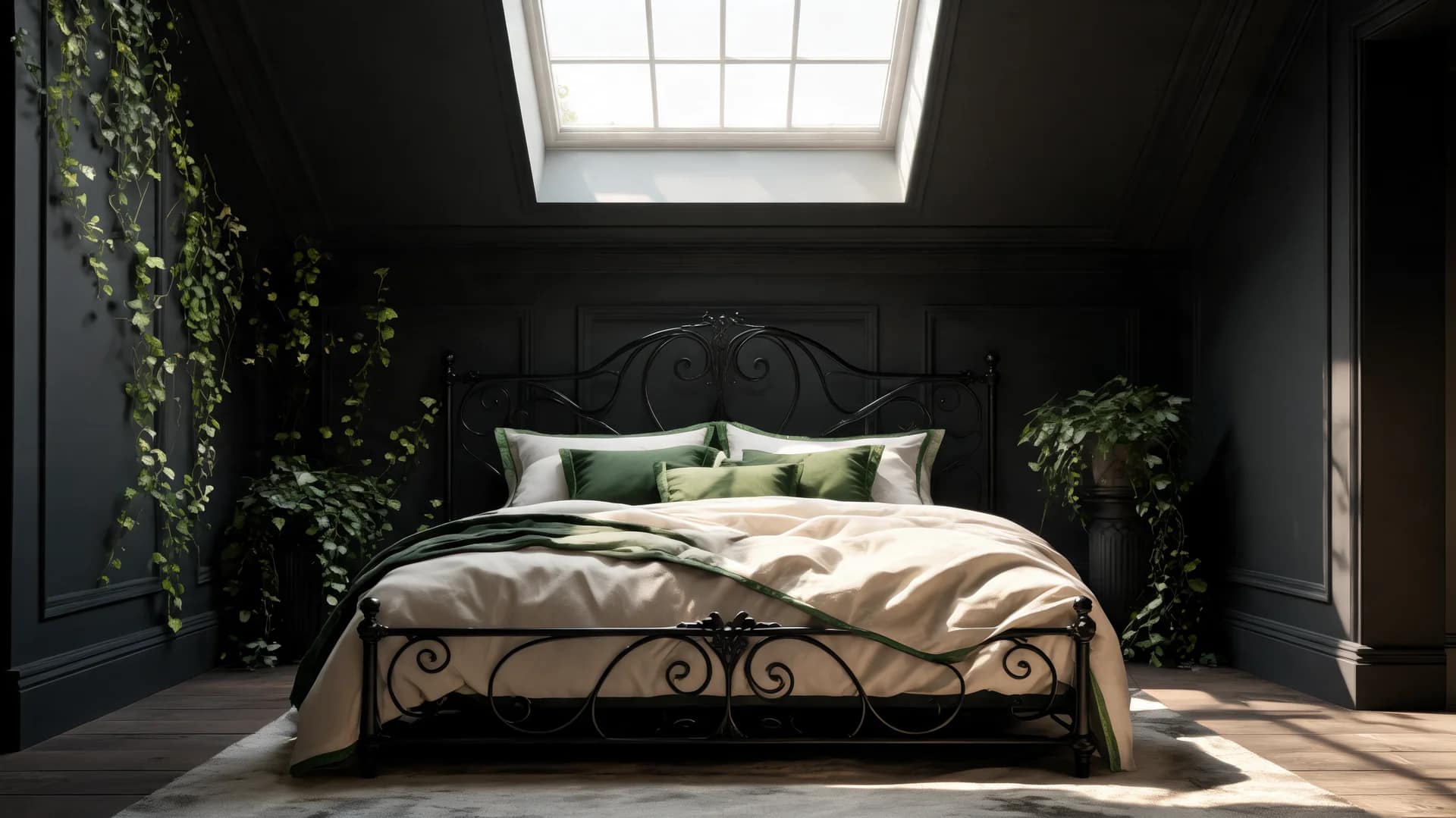 romantic gothic bedroom secret garden chamber with skylight soft morning light and greenery accents