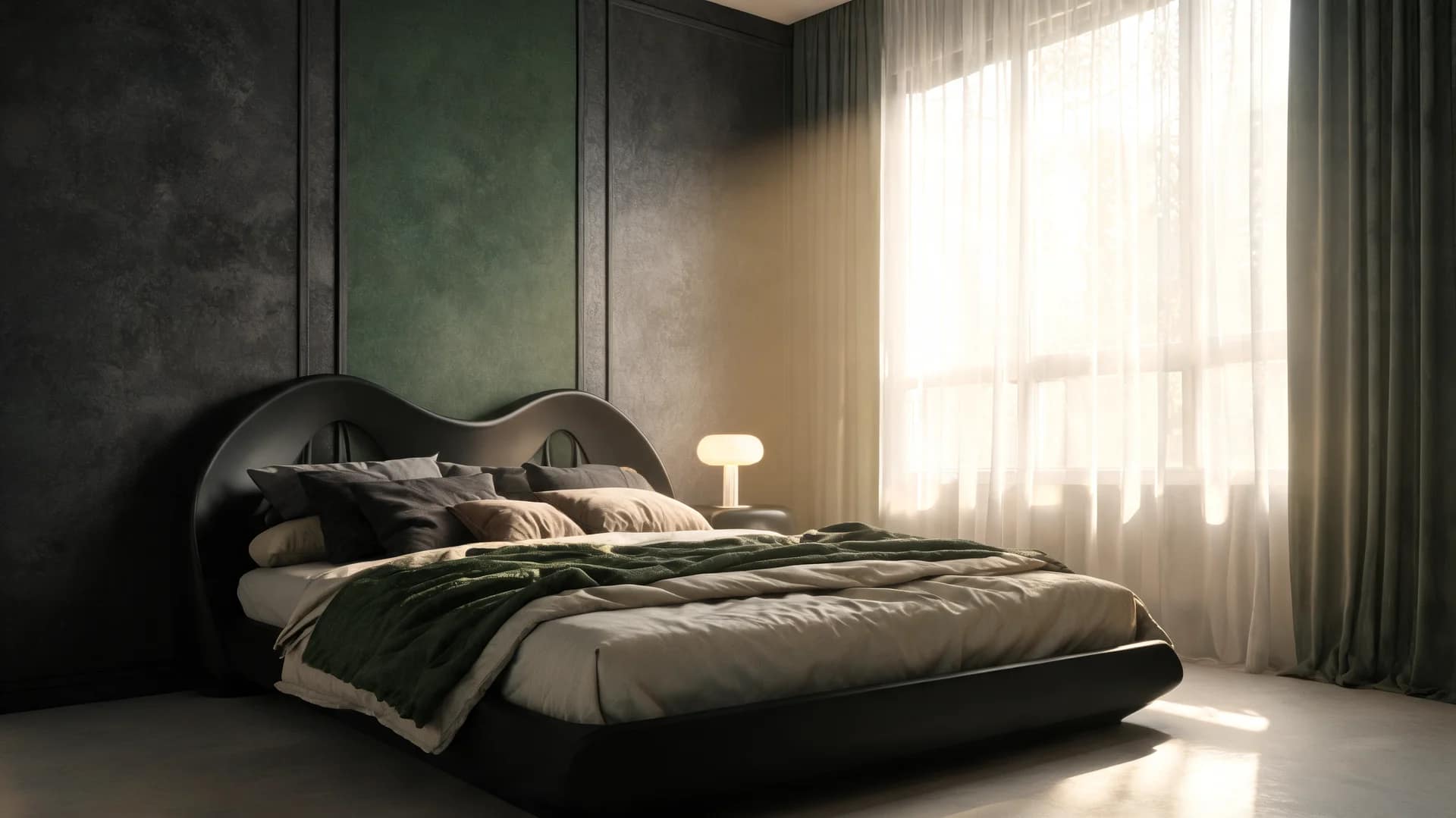 romantic gothic bedroom shadow sanctuary with soft textures calm light and minimal modern design