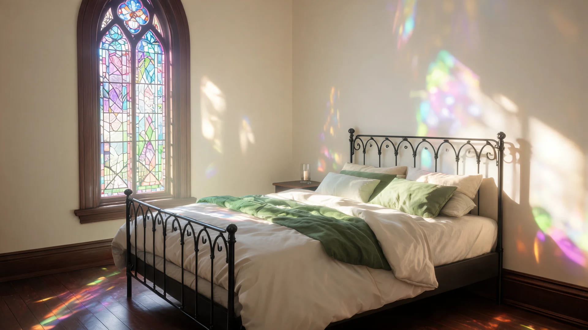 romantic gothic bedroom stained glass light chamber with colorful morning light and soft interiors