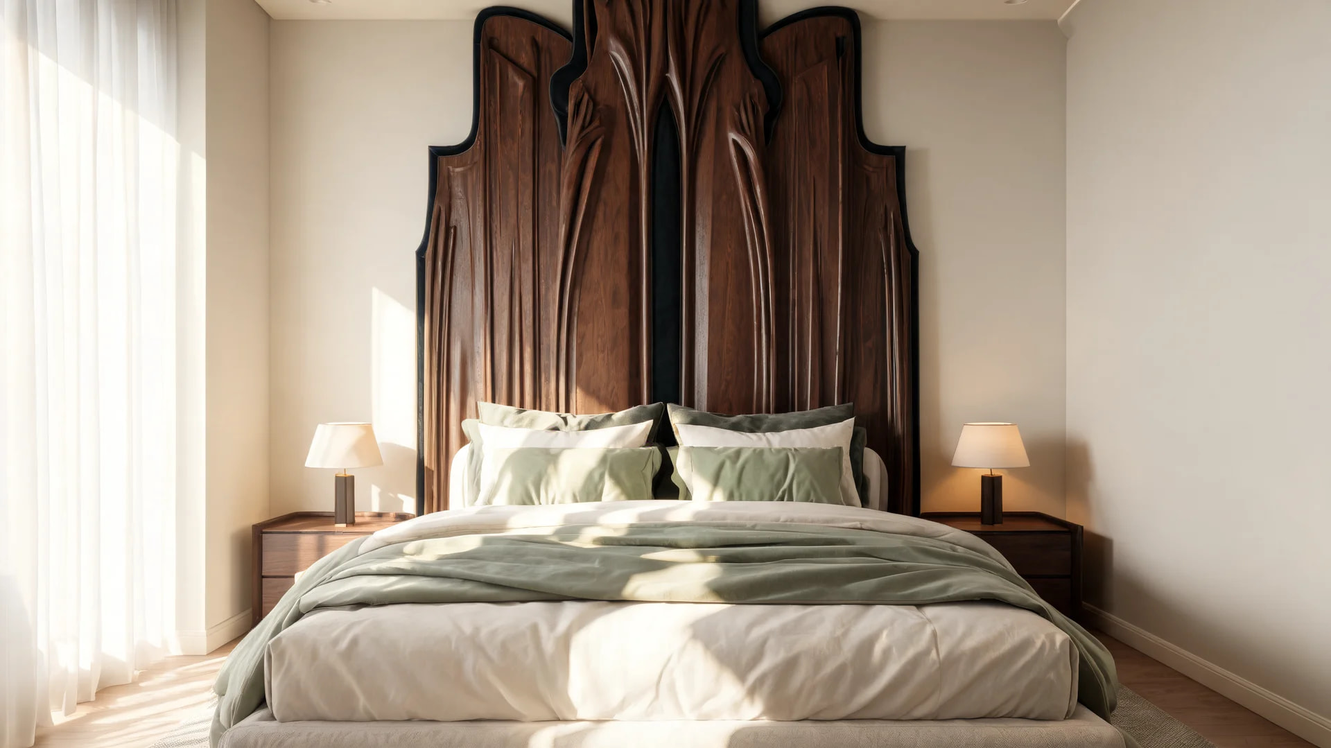 romantic gothic bedroom statement headboard chamber with tall bed wall and soft morning light