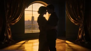 A man and woman stand together in front of a large window, with natural light illuminating their faces