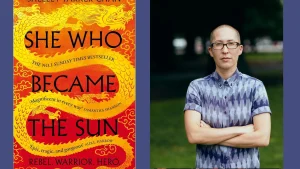 A vibrant book cover for "She Who Became the Sun," featuring a coiling yellow dragon on a red background.