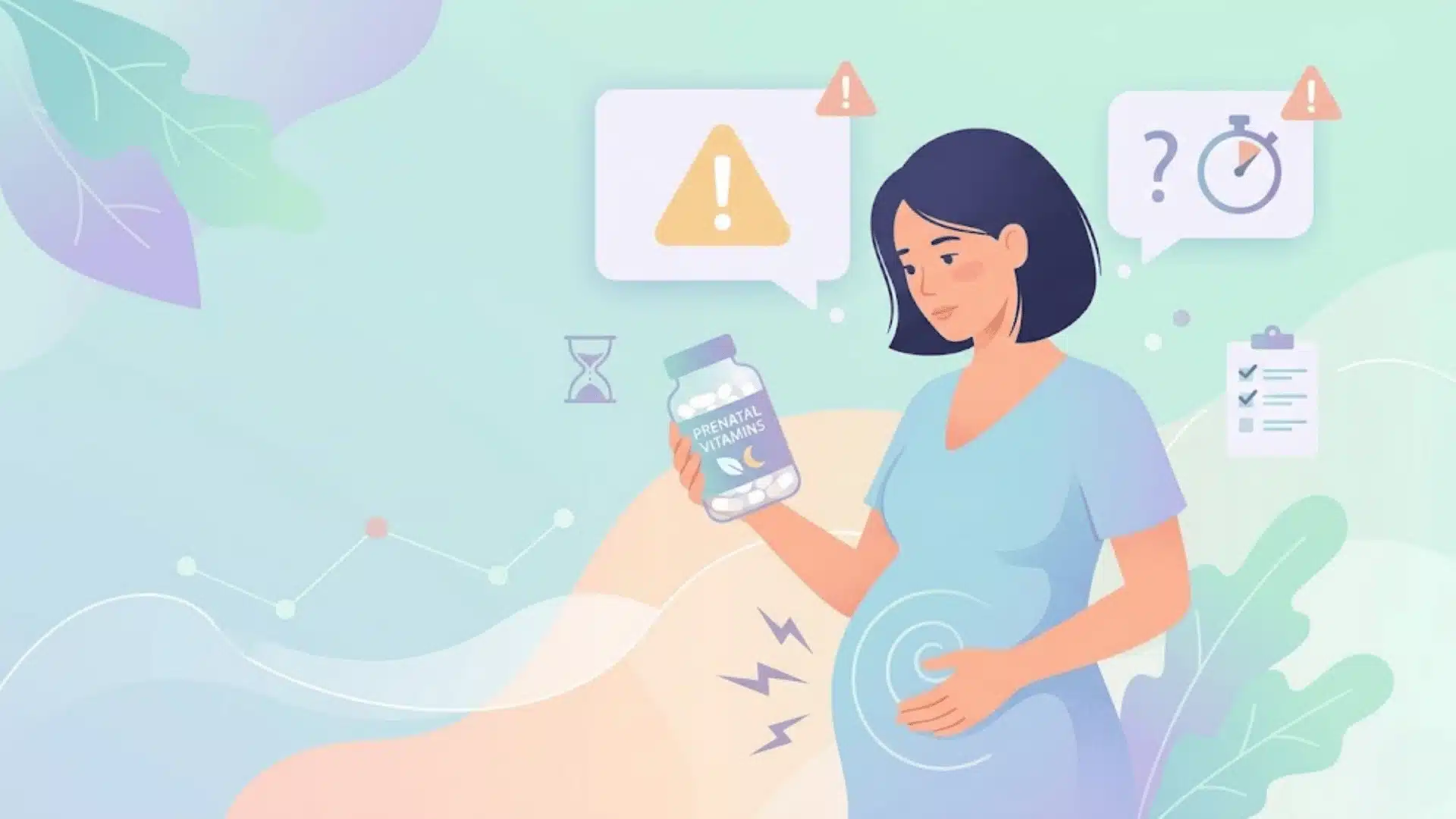 shows an infographic with caution icons, time questions, and a pregnant woman experiencing stomach issues after taking prenatal vitamins