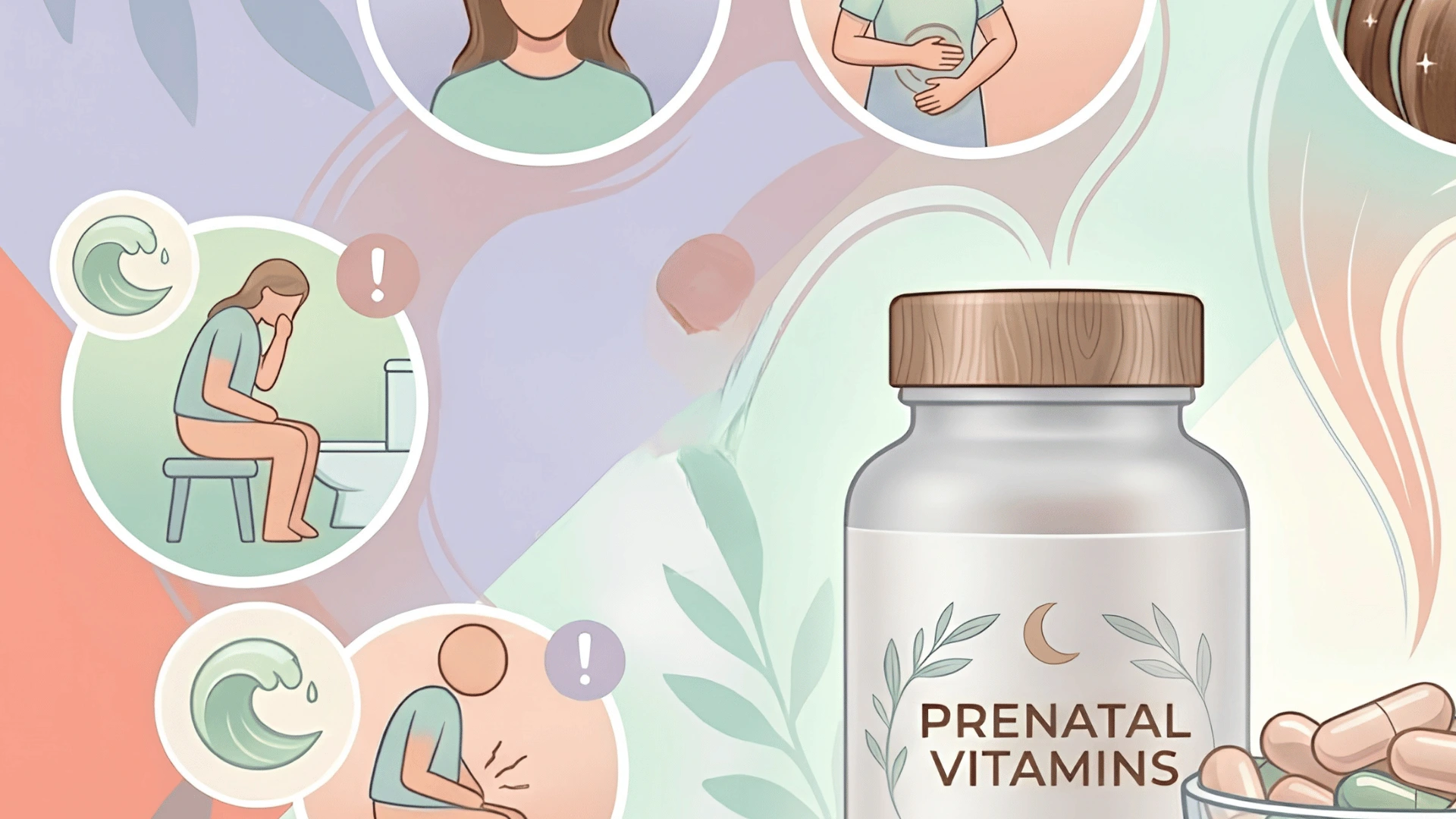 an infographic with icons showing digestive issues, wave effects, and caution signs, and a bottle of prenatal vitamins with capsules