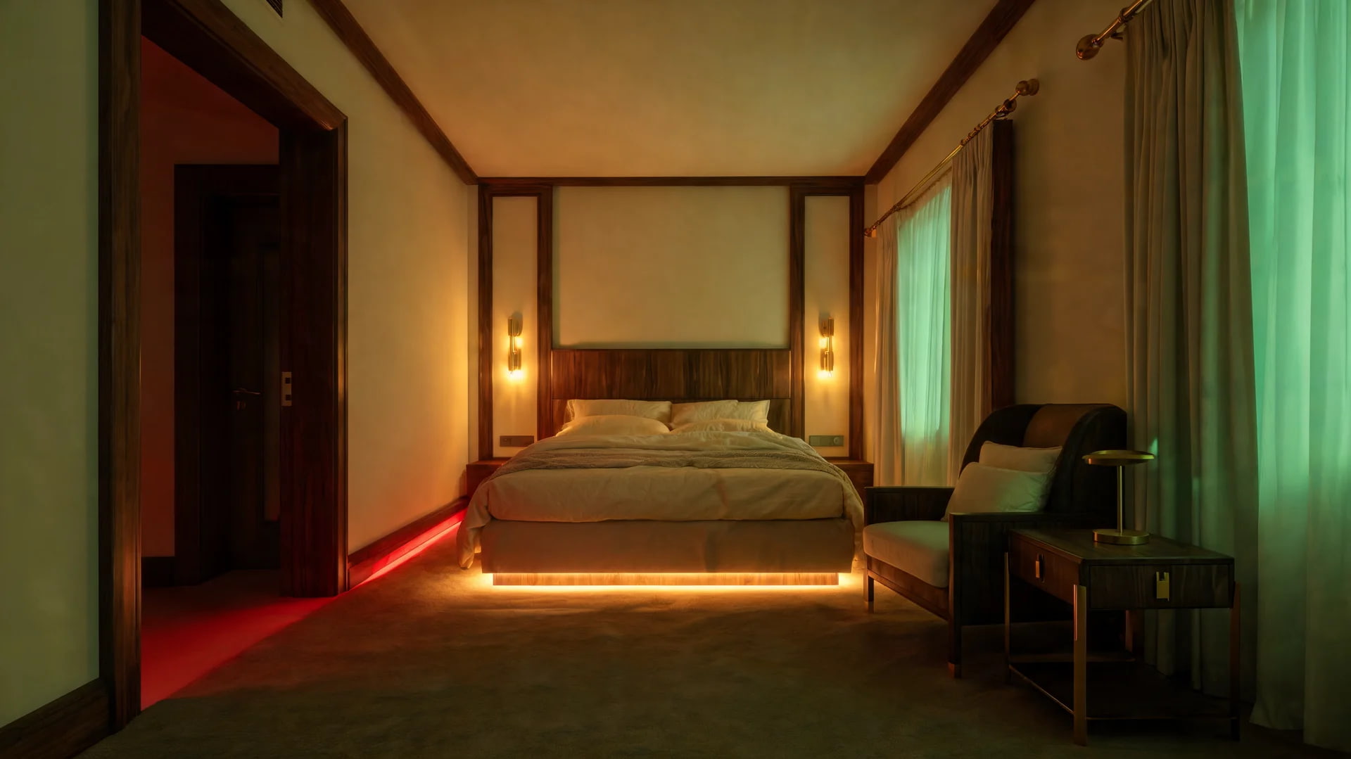 smart lighting bedroom romantic warm amber emerald wine tones layered interior design scene