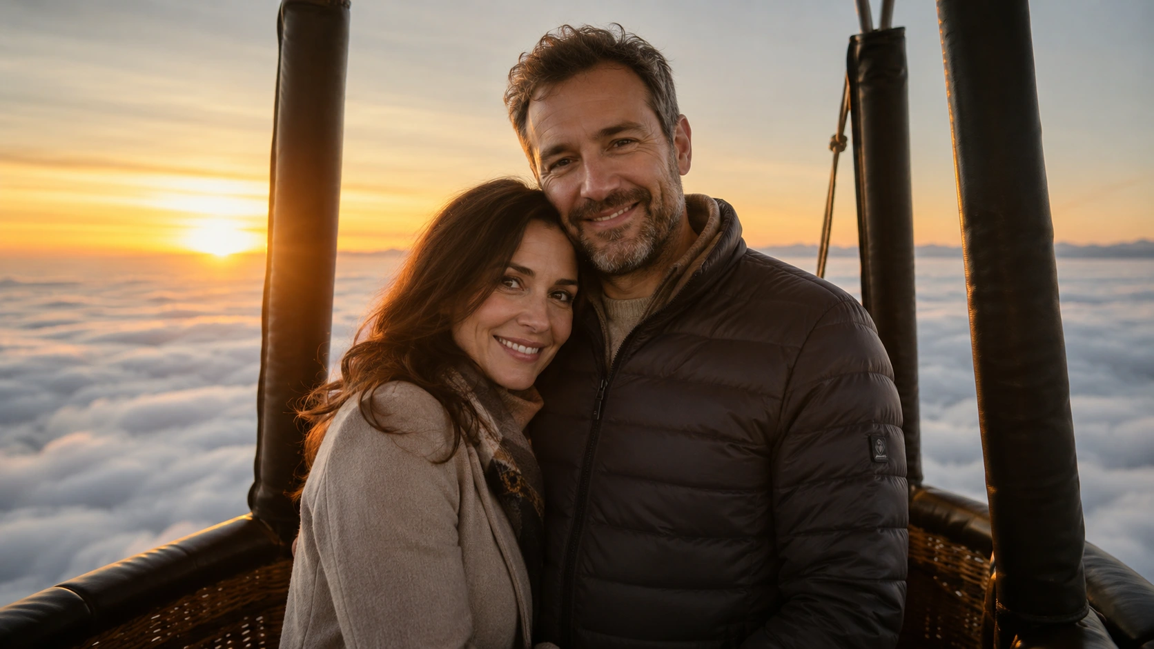 smiling couple in hot air balloon basket above clouds at sunrise, with warm light and distant mountains behind them