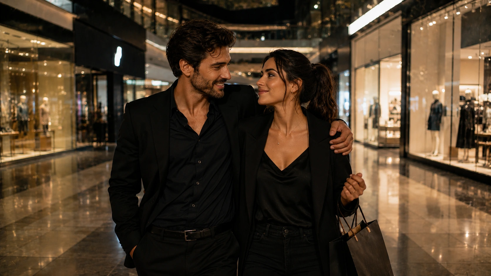 stylish adult couple walking through a luxury mall, smiling at each other, carrying shopping bags together