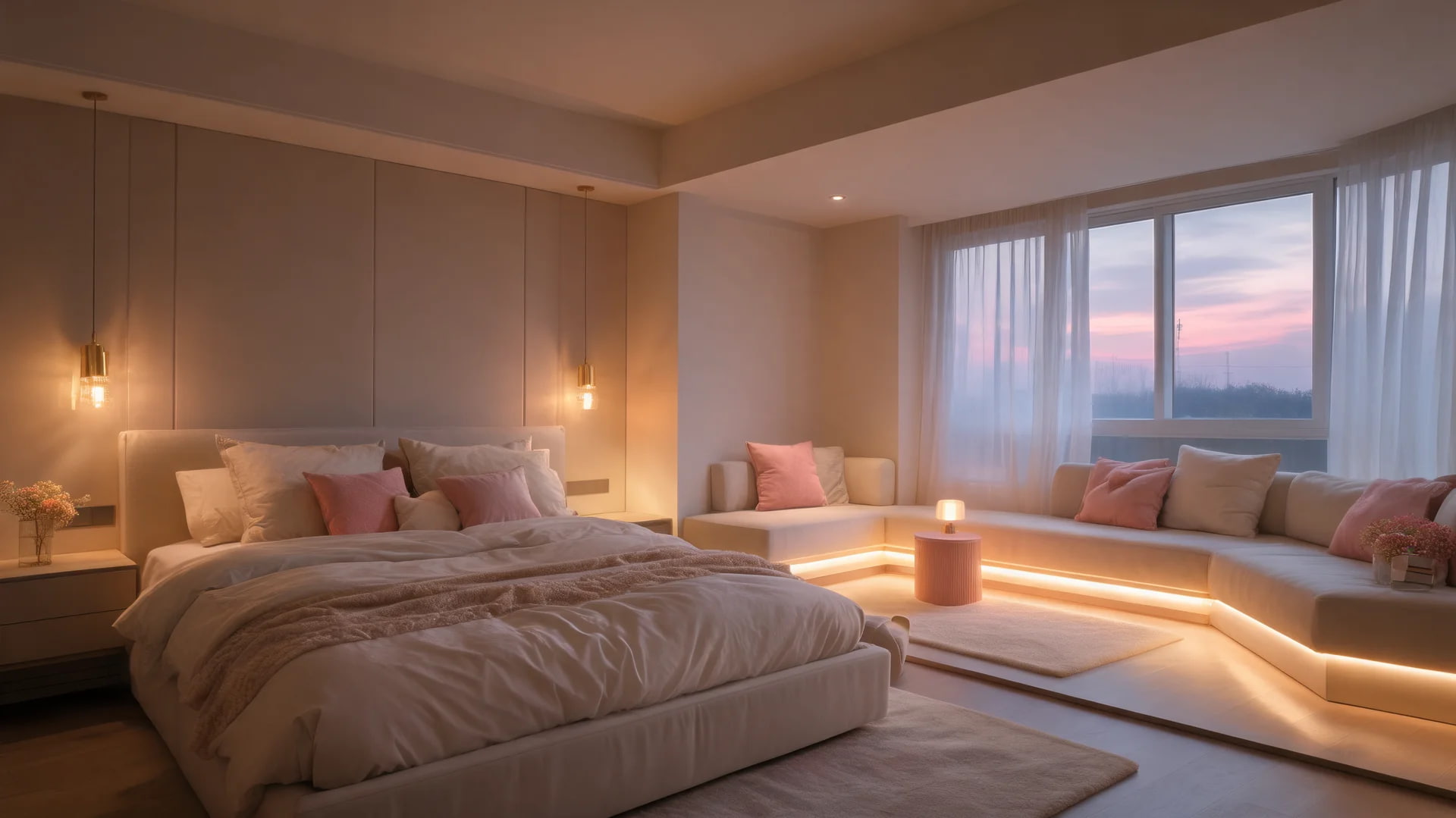 sunken lounge pit bedroom romantic lowered seating warm cozy interior design soft lighting scene