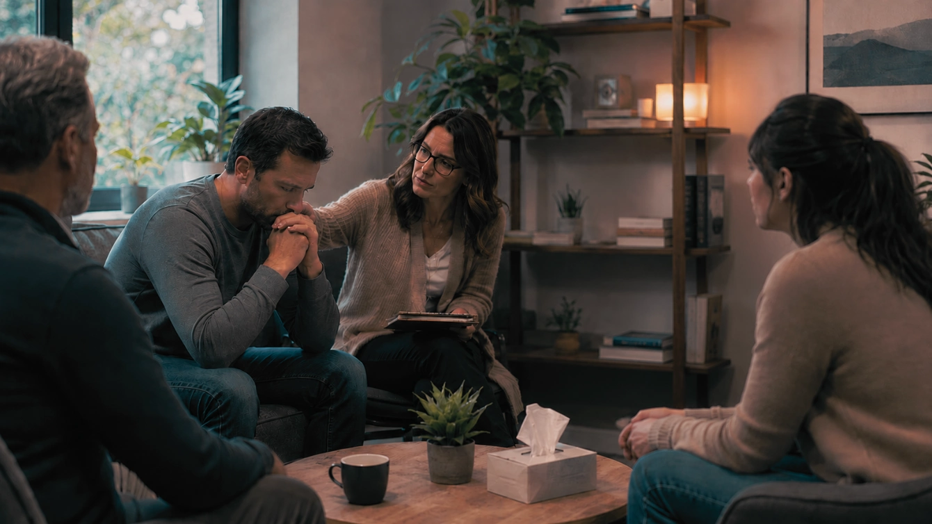 therapist comforts a distressed man during group counseling, with two others listening in a calm, warm office setting