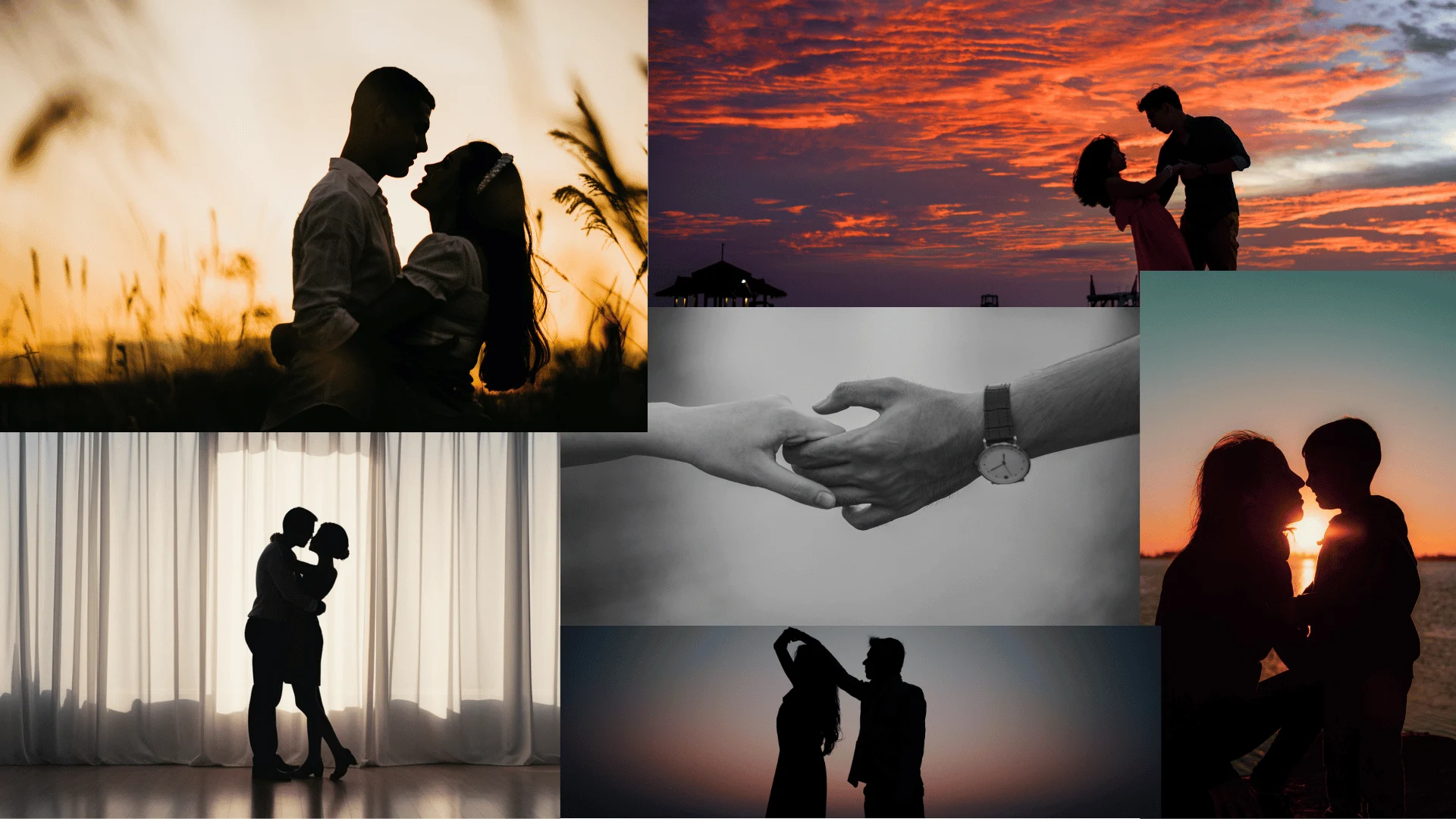 A photo collage depicting different types of intimacy through romantic couples and touching hands