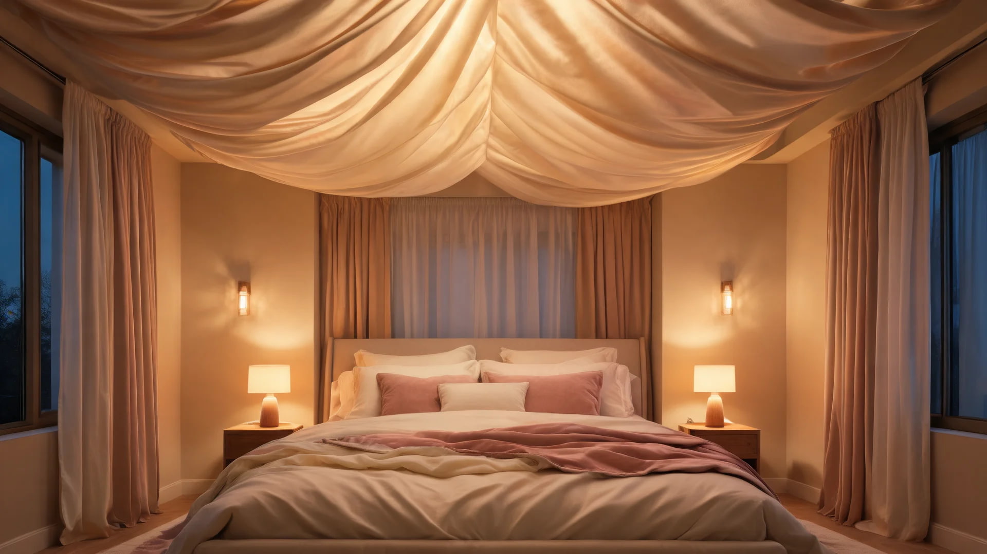 velvet silk ceiling bedroom romantic soft fabric draped warm cocoon interior design lighting scene