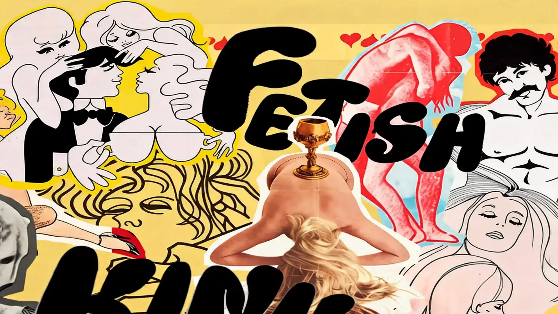 vintage collage exploring fetish themes through stylized figures, symbolic imagery, and bold graphic elements