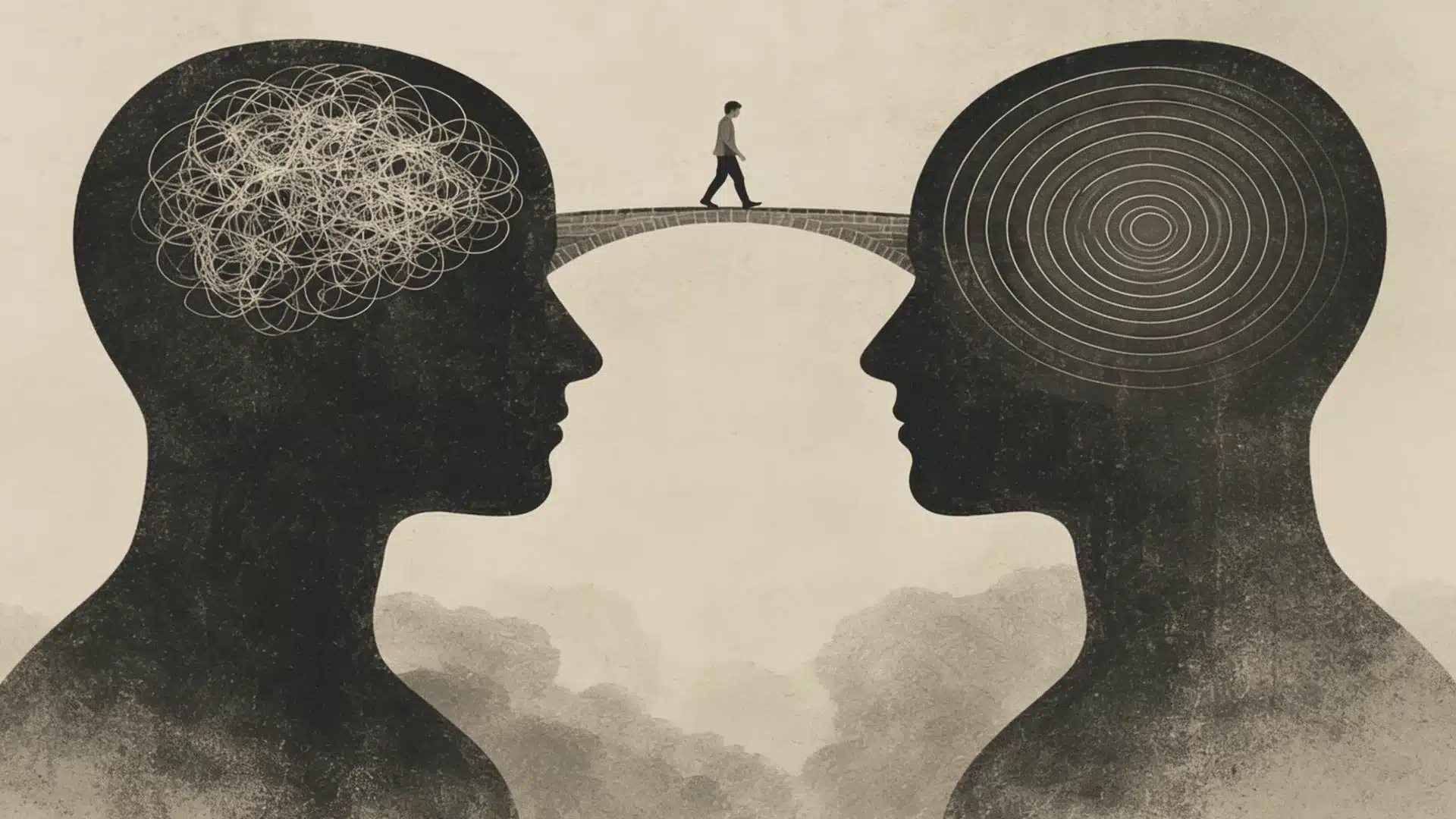 Person walking across a bridge connecting two large silhouette heads with mental patterns