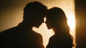Dark silhouette of a man and woman, side by side, evoking a sense of intimacy and connection in the shadows