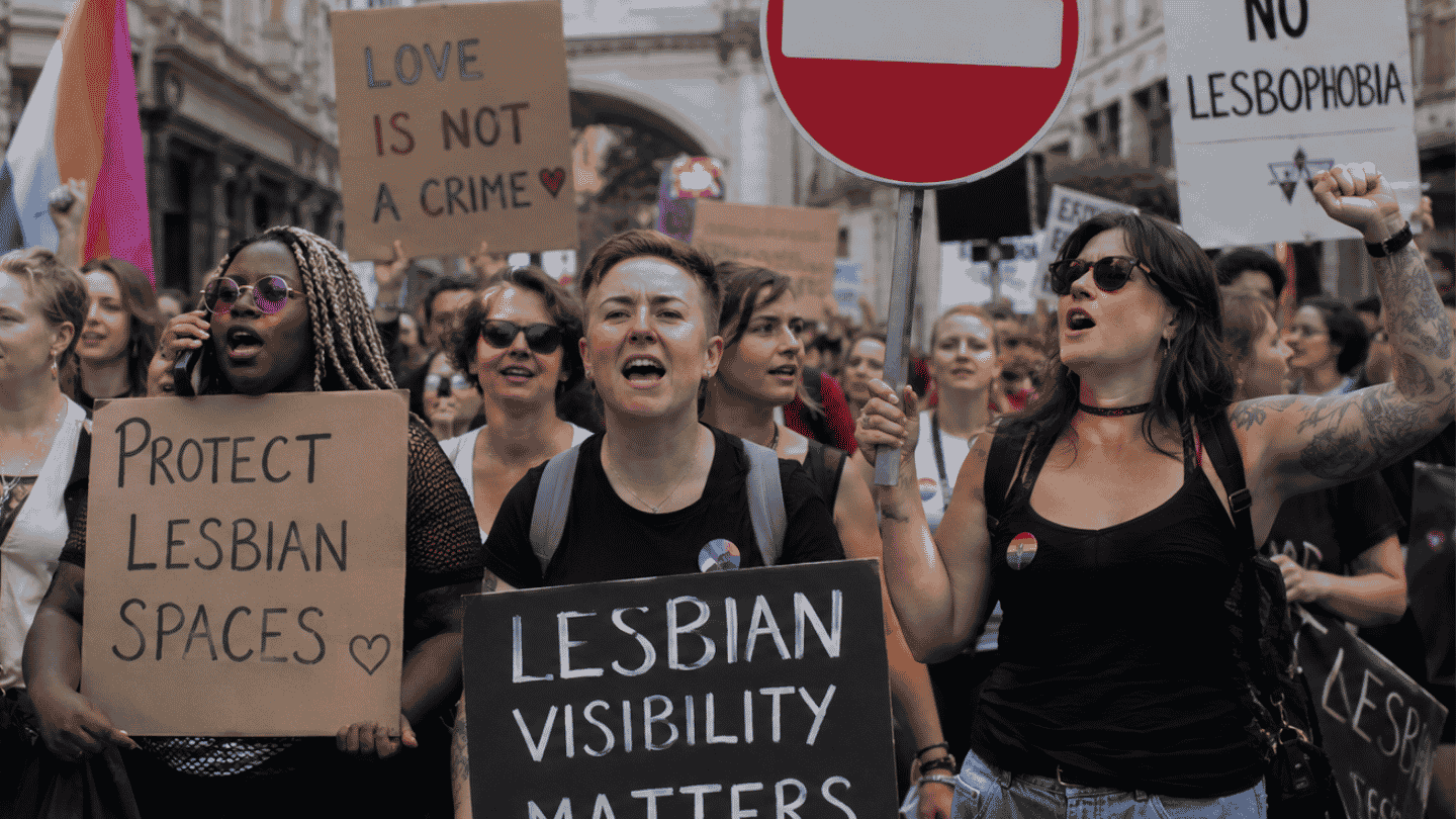 lesbian protest with no entry sign for what is a gold star lesbian and community debate