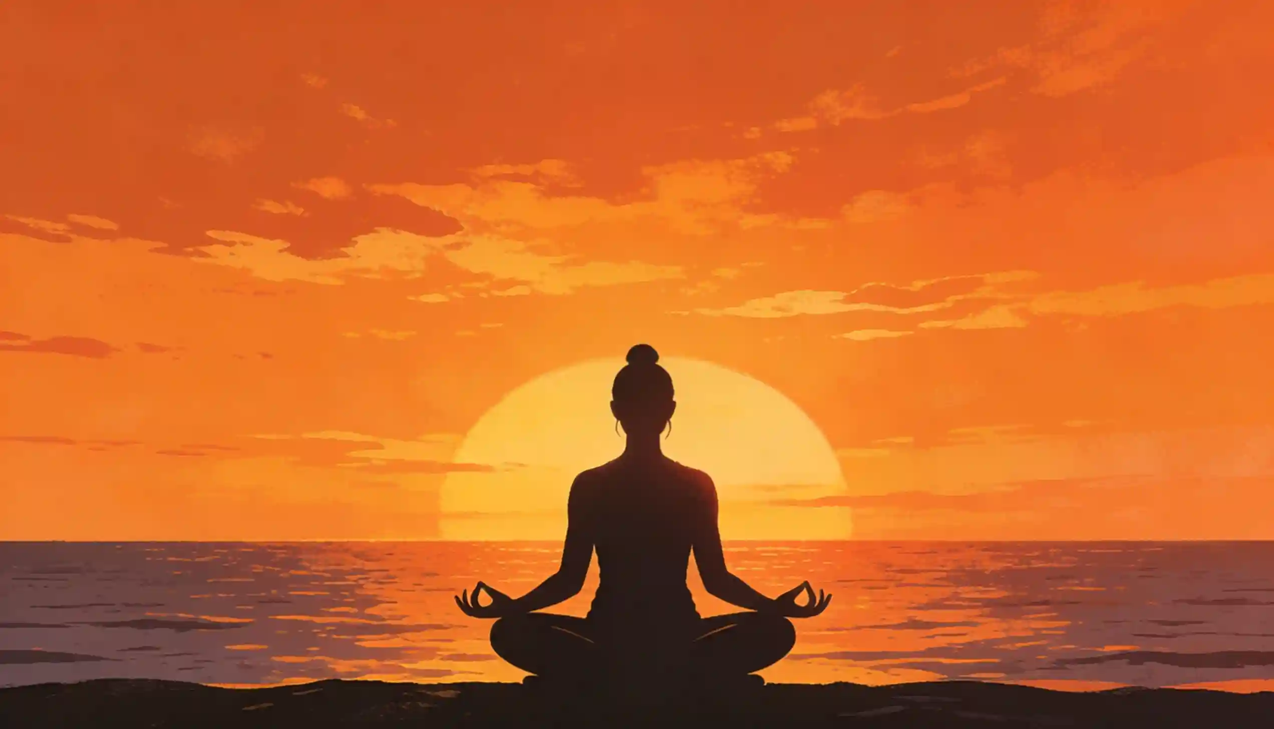 Silhouette of a person meditating in a lotus pose on a beach at sunset.