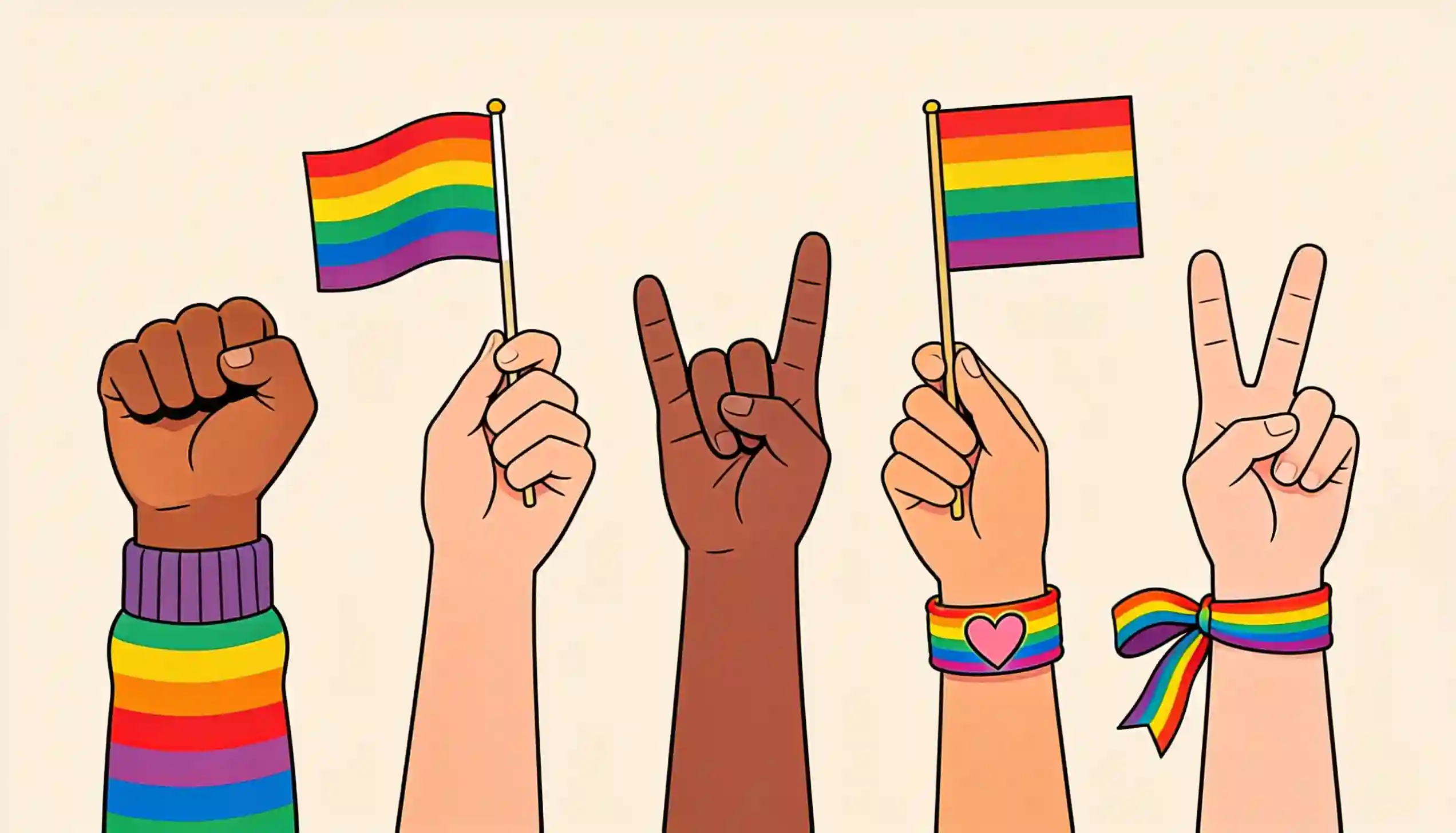Illustration of five diverse hands displaying rainbow flags and pride-themed accessories.