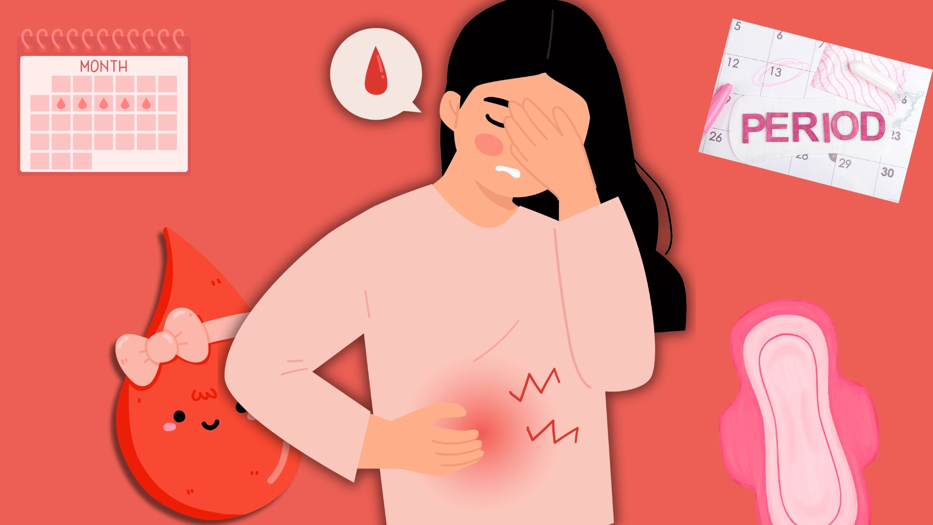 Illustration of a woman holding her stomach and face, with period calendar and nausea symbols
