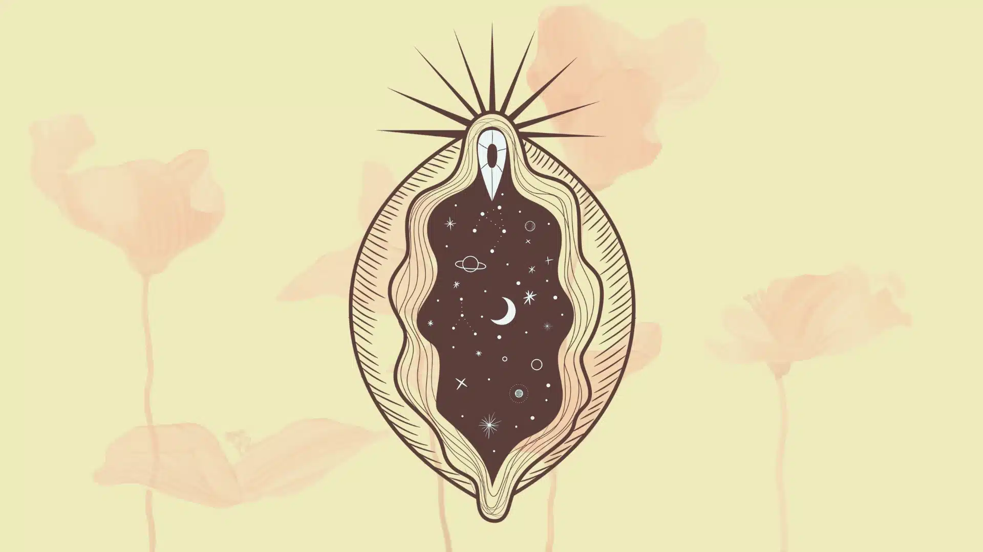 Abstract, cosmic-inspired illustration of the clitoris with stars, moon, and planets inside a floral outline.