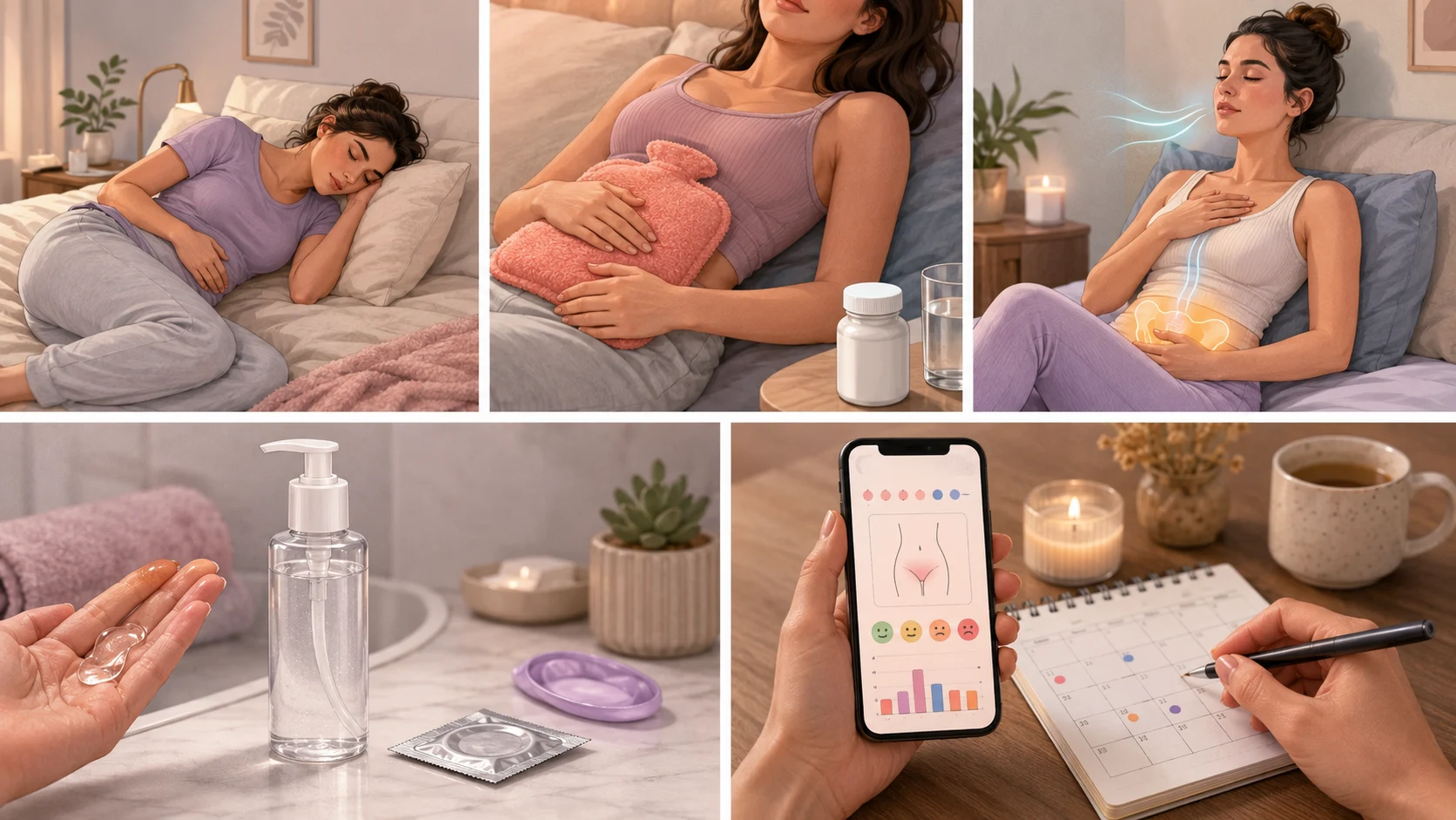 woman resting, using heat, breathing, lubricant, and symptom tracking to relieve mild pain after sex at home safely
