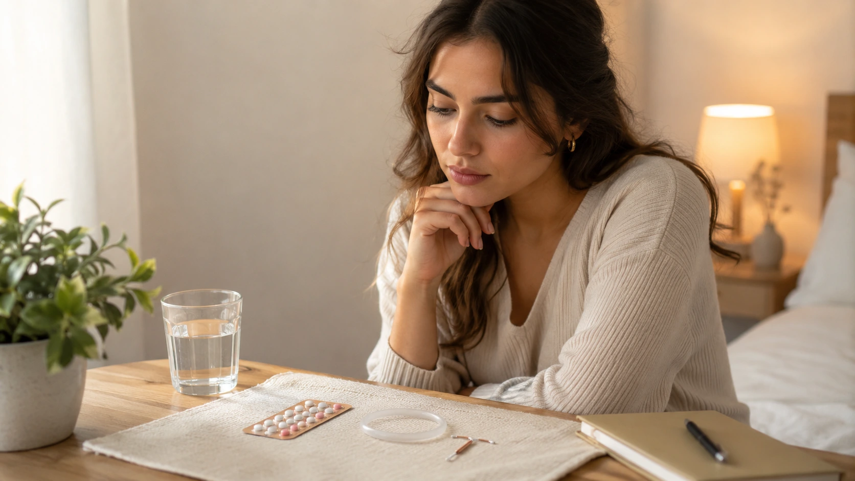 woman reviews birth control pills, ring, and iud beside notebook, symbolizing personal mood stability choices