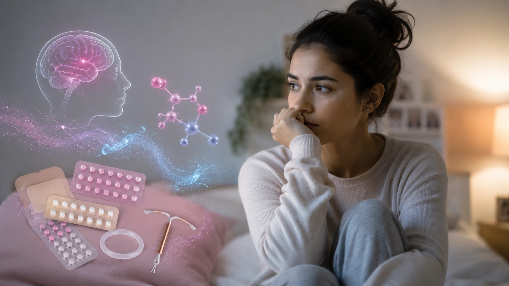 woman sits indoors beside abstract brain, hormones, birth control pills, and iud, symbolizing anxiety, and mood changes